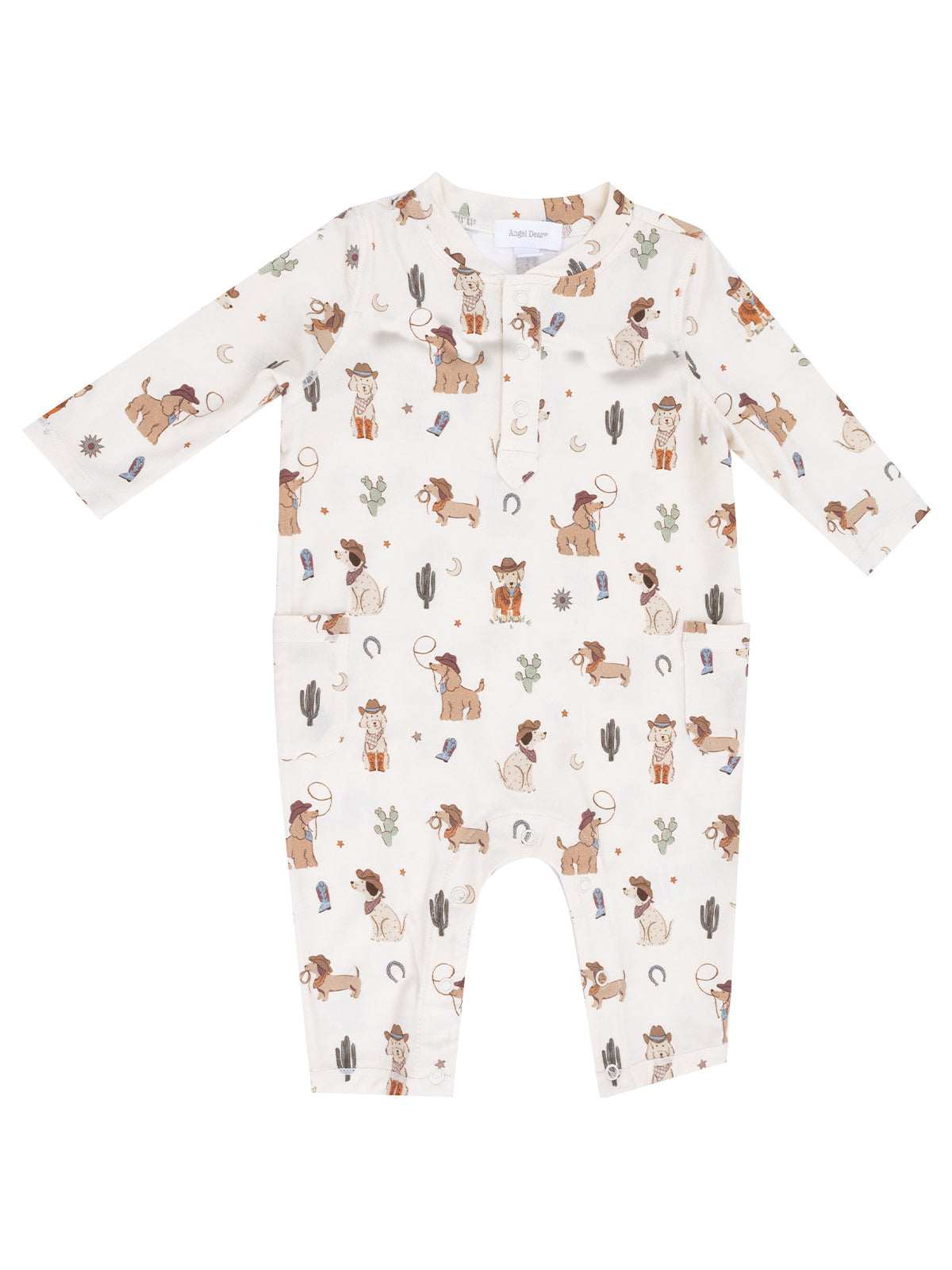 White baby romper with a playful cowboy and dog print, featuring cacti and stars. Perfect for casual wear.