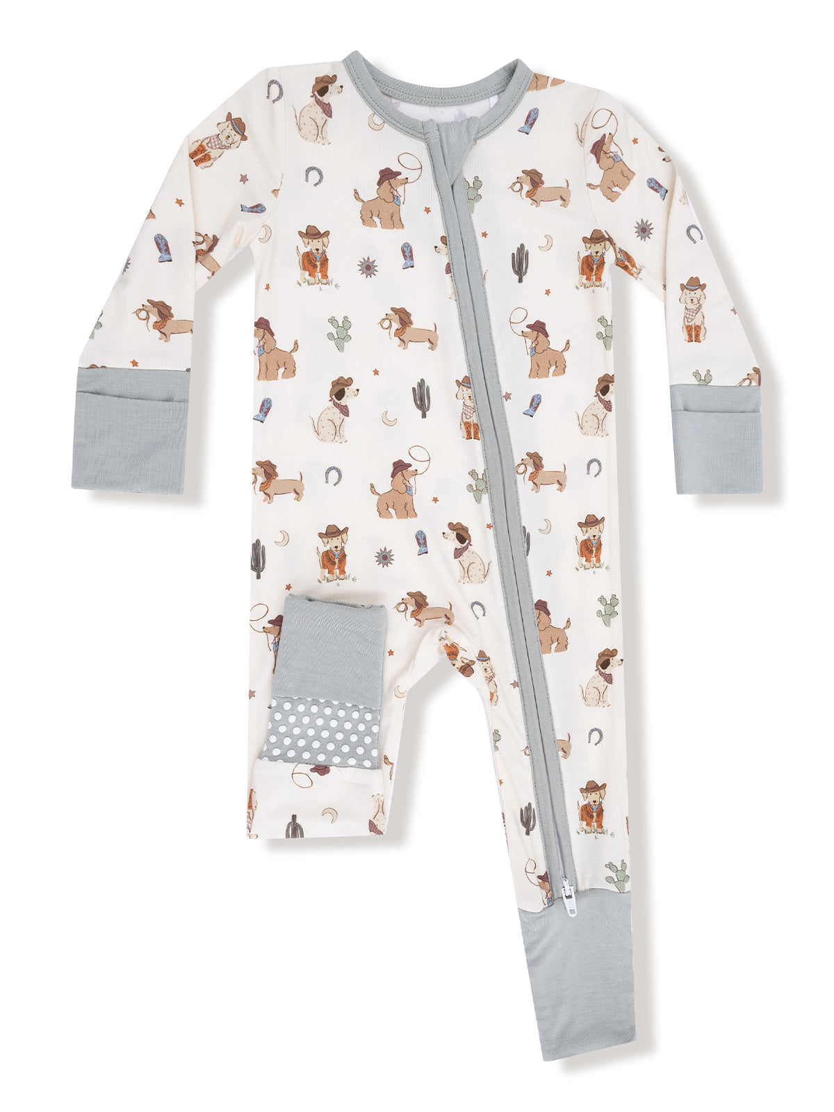 Cowboy-themed baby onesie featuring playful dog illustrations and a front zipper closure.