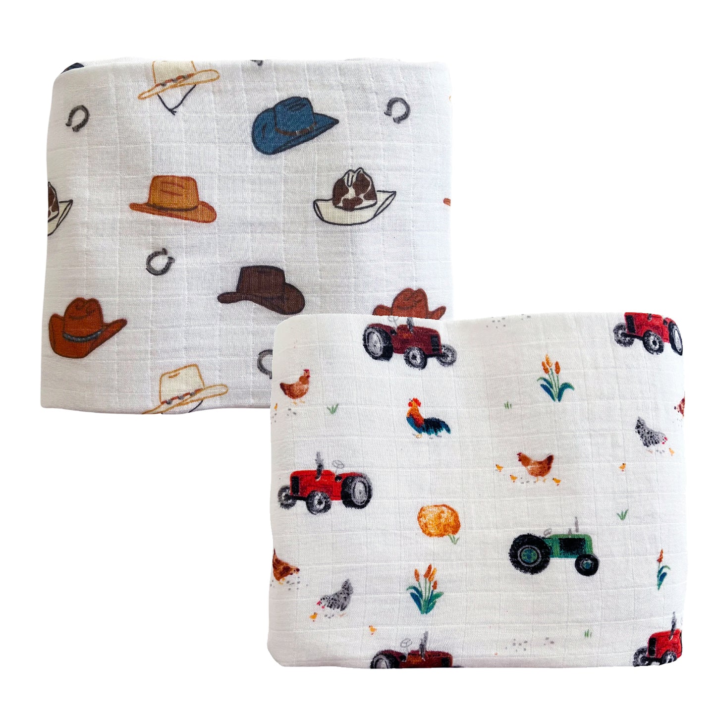 2-Pack Muslin Swaddles, Cowboy Hats/Tractors