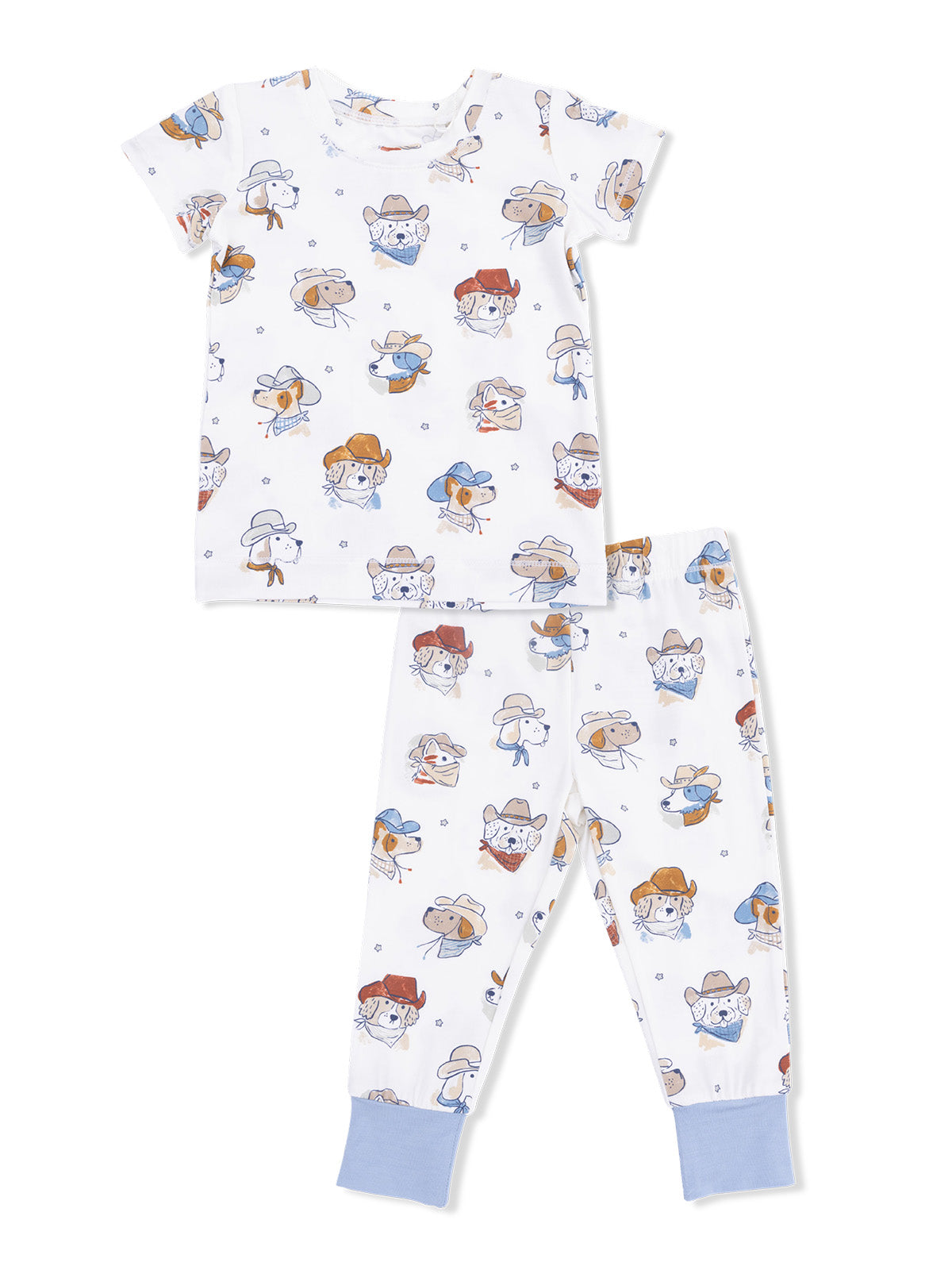 Children's pajama set featuring playful dog illustrations in hats on a white background.