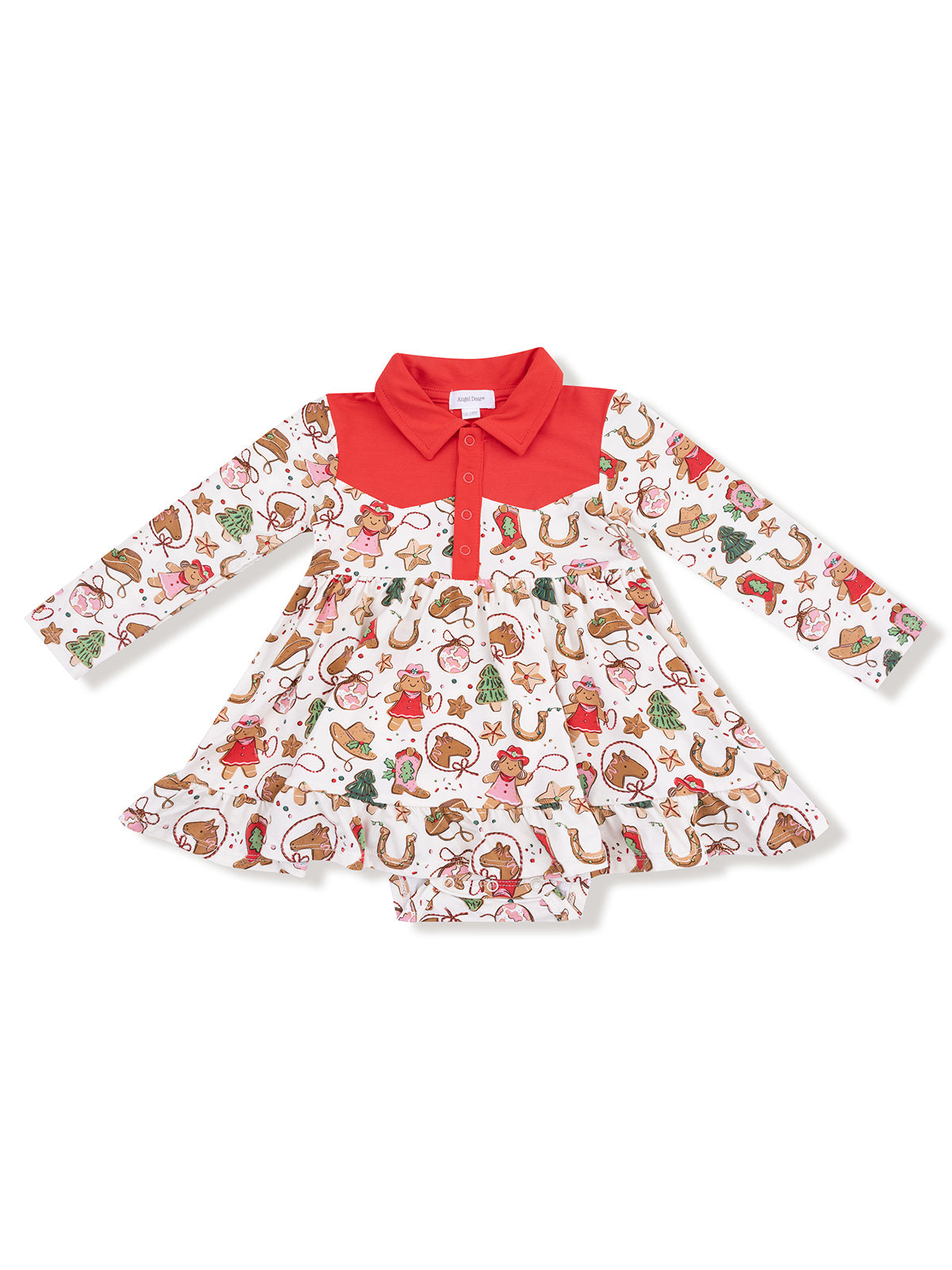 Red-collared dress for infants featuring playful holiday-themed patterns and long sleeves.