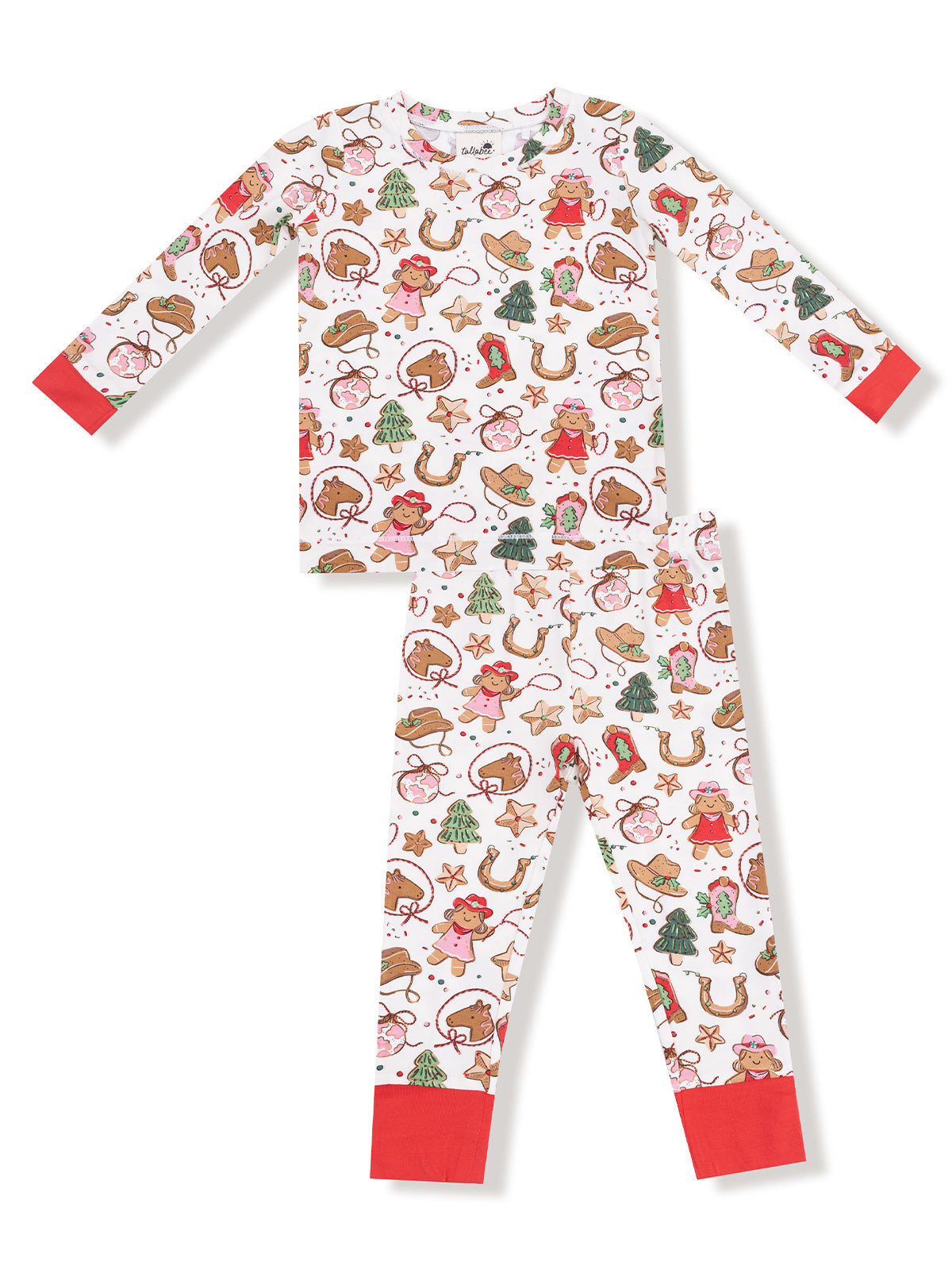 Festive children's pajamas featuring playful holiday patterns with gingerbread, trees, and ornaments.