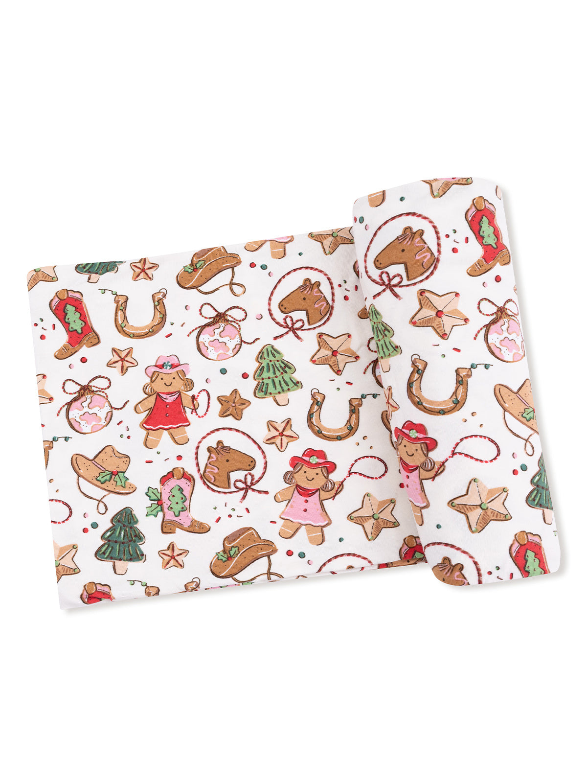 Whimsical holiday-themed fabric featuring gingerbread cookies, ornaments, and Christmas trees in vibrant colors.
