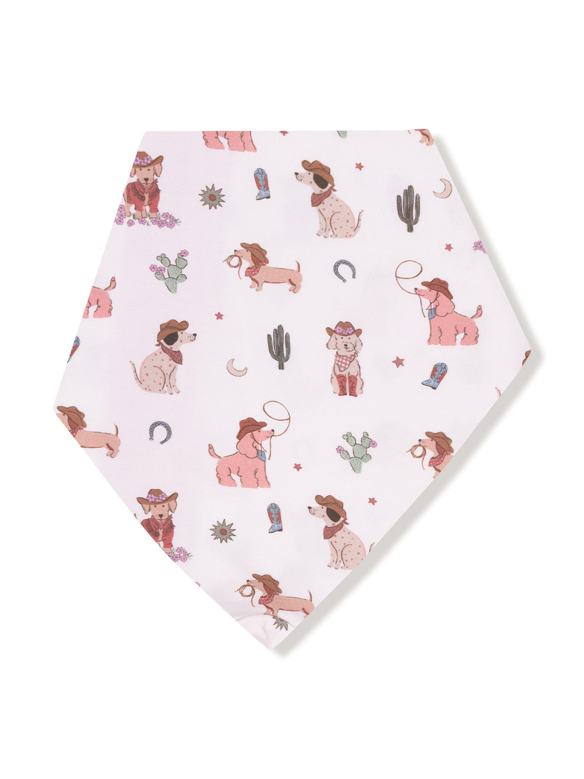 Dog bandana with a pink background featuring playful, western-themed illustrated dogs and cacti.