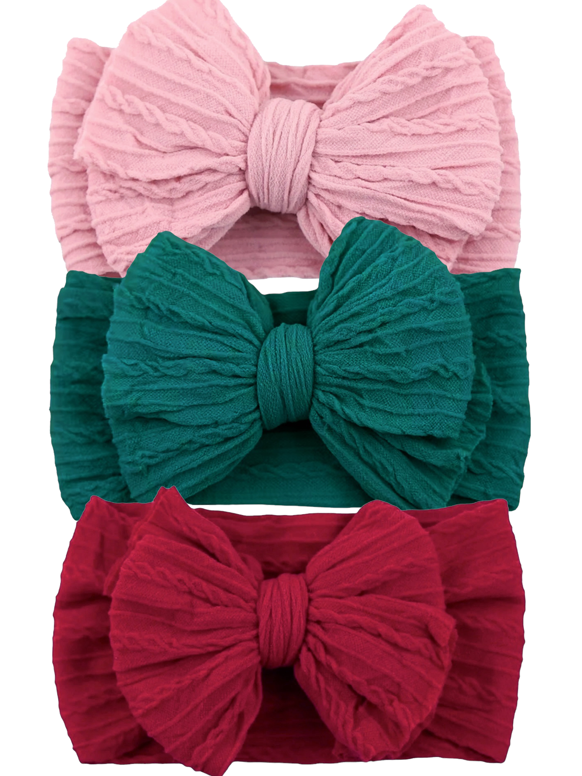 Three textured bows in pink, green, and red arranged vertically on soft headbands.