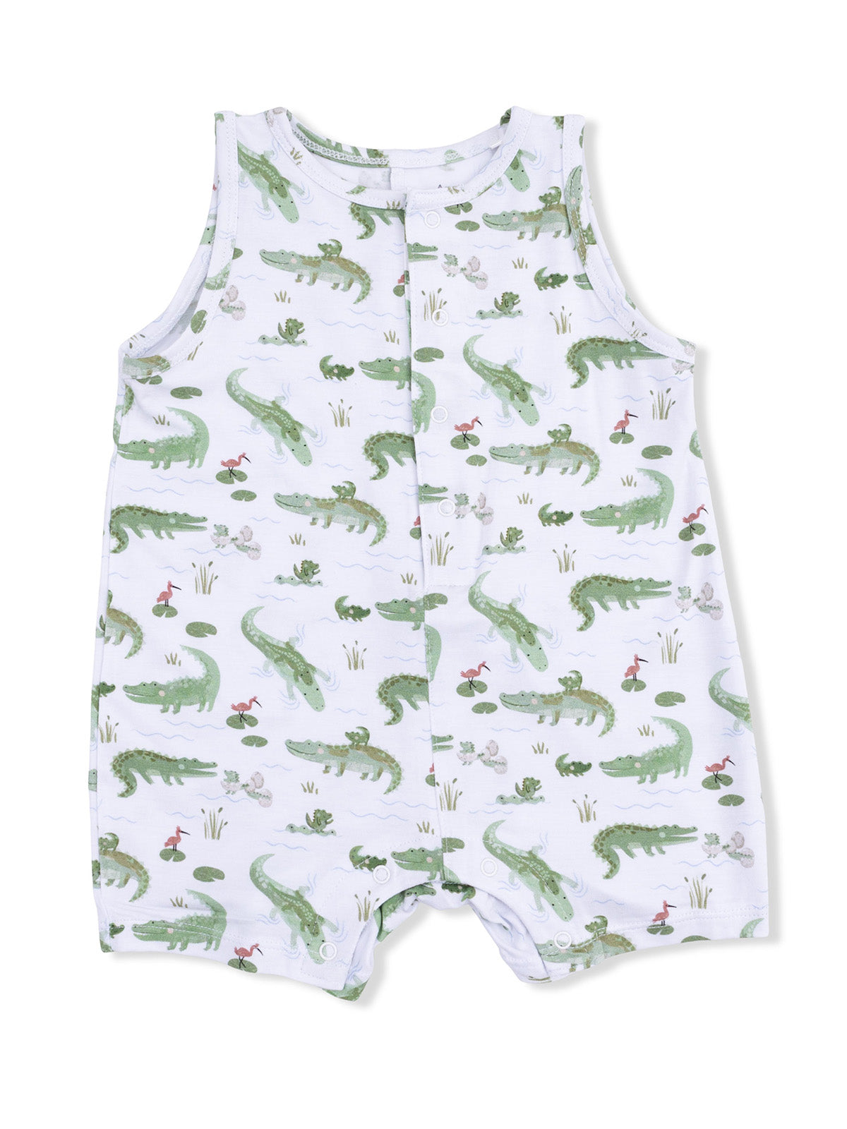 Green alligator-patterned baby romper with a light background and snaps at the bottom.