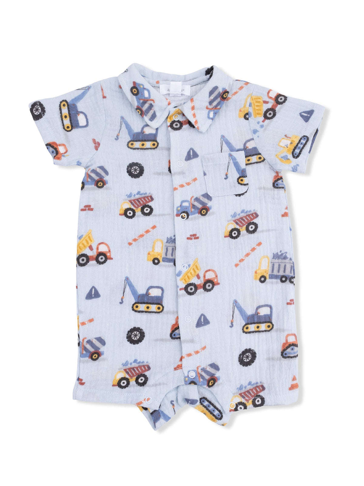 Light blue toddler romper with colorful construction vehicle print, featuring trucks and cranes, short sleeves, and buttons.
