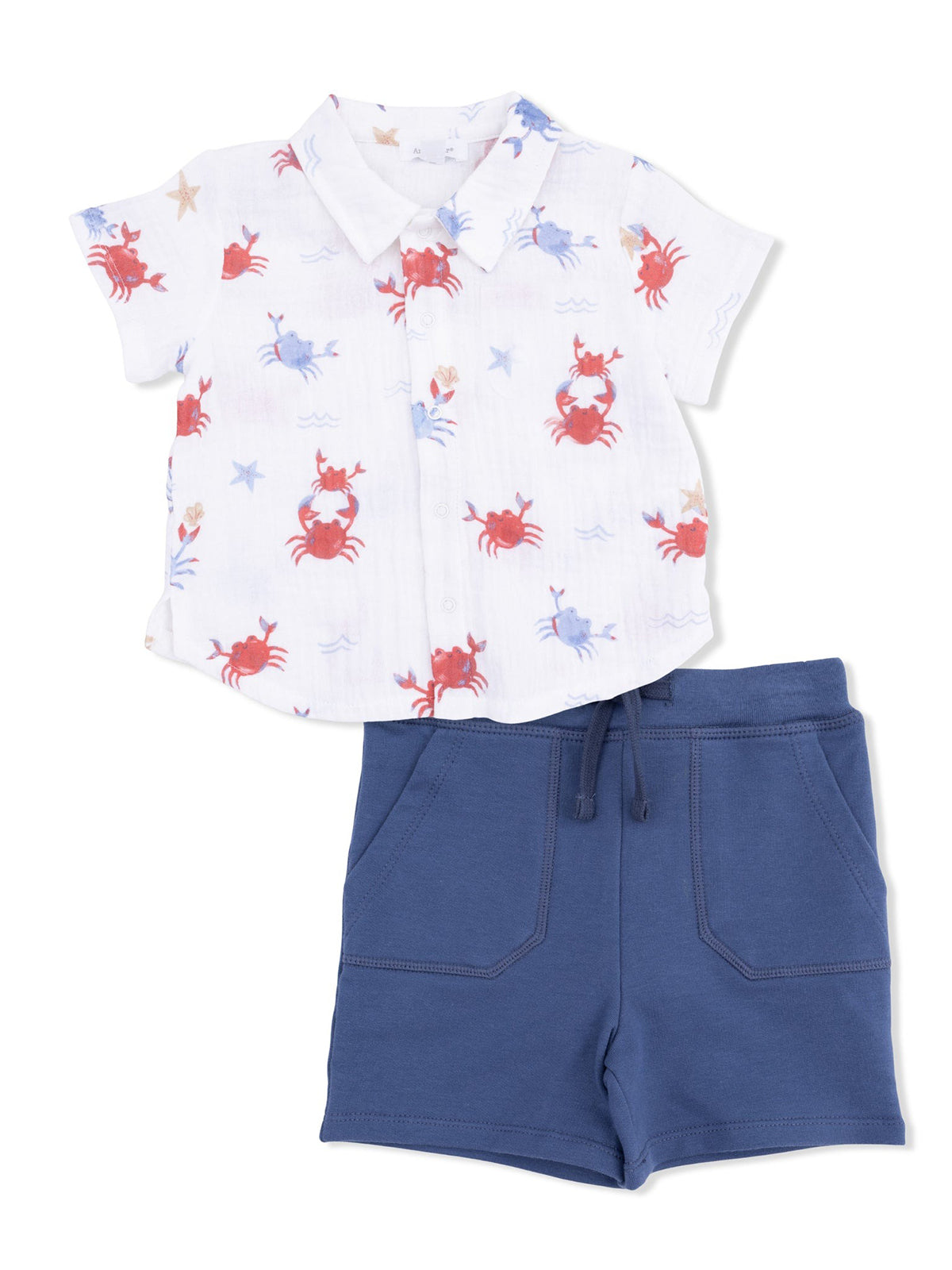 White short-sleeve shirt with crab pattern paired with navy shorts. Ideal for casual summer wear.