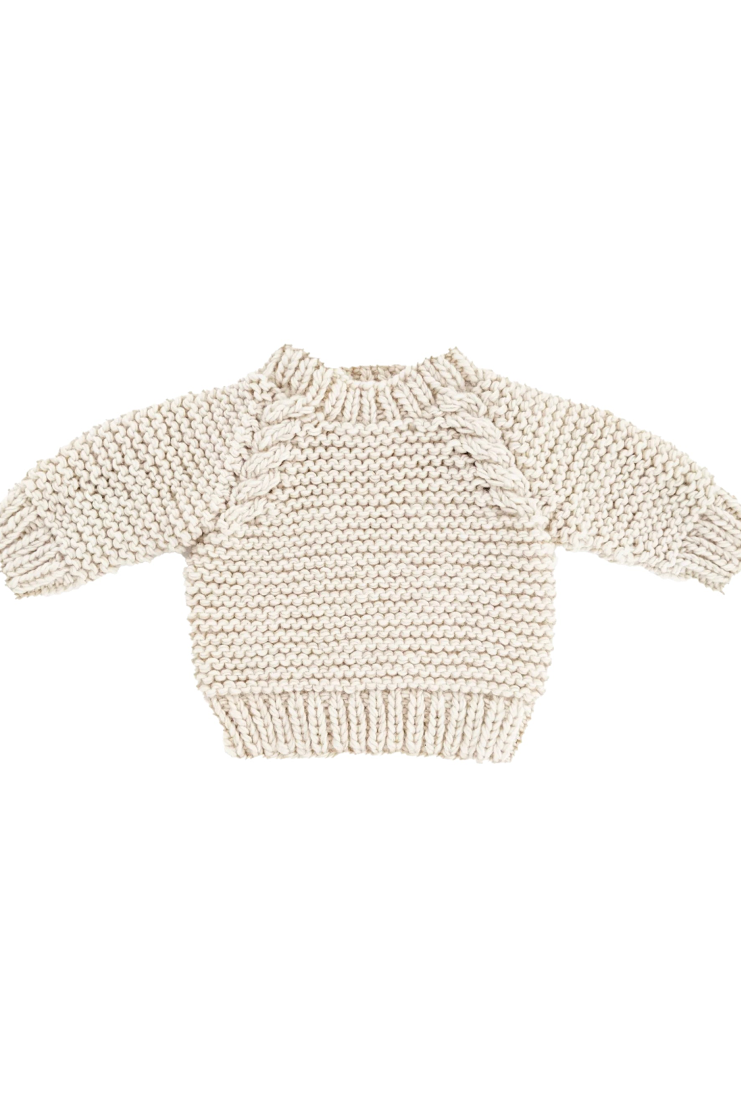 Cream-colored knitted baby sweater with raglan sleeves and ribbed neckline.
