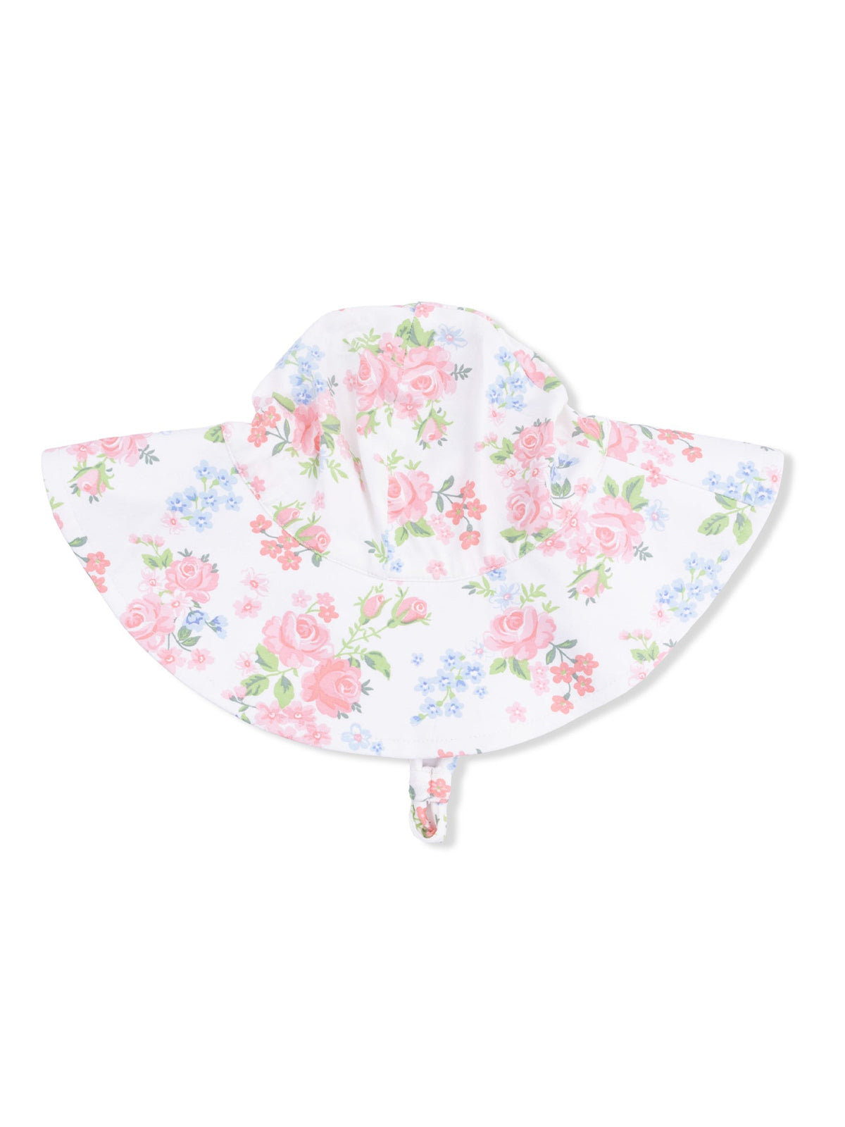 Floral sun hat with pink roses and blue flowers on a white background, featuring a wide brim and tie strap.