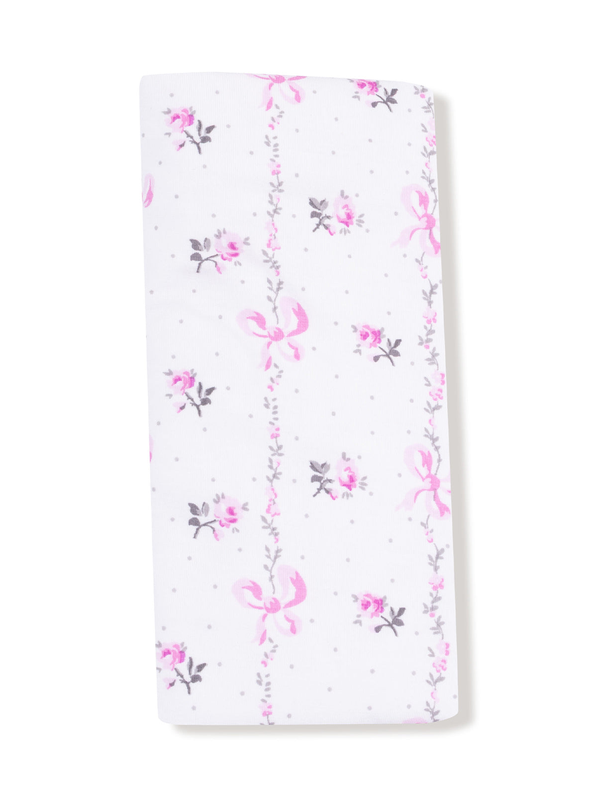 Floral patterned fabric with pink roses and bows on a white background. Soft, lightweight, and delicate design.