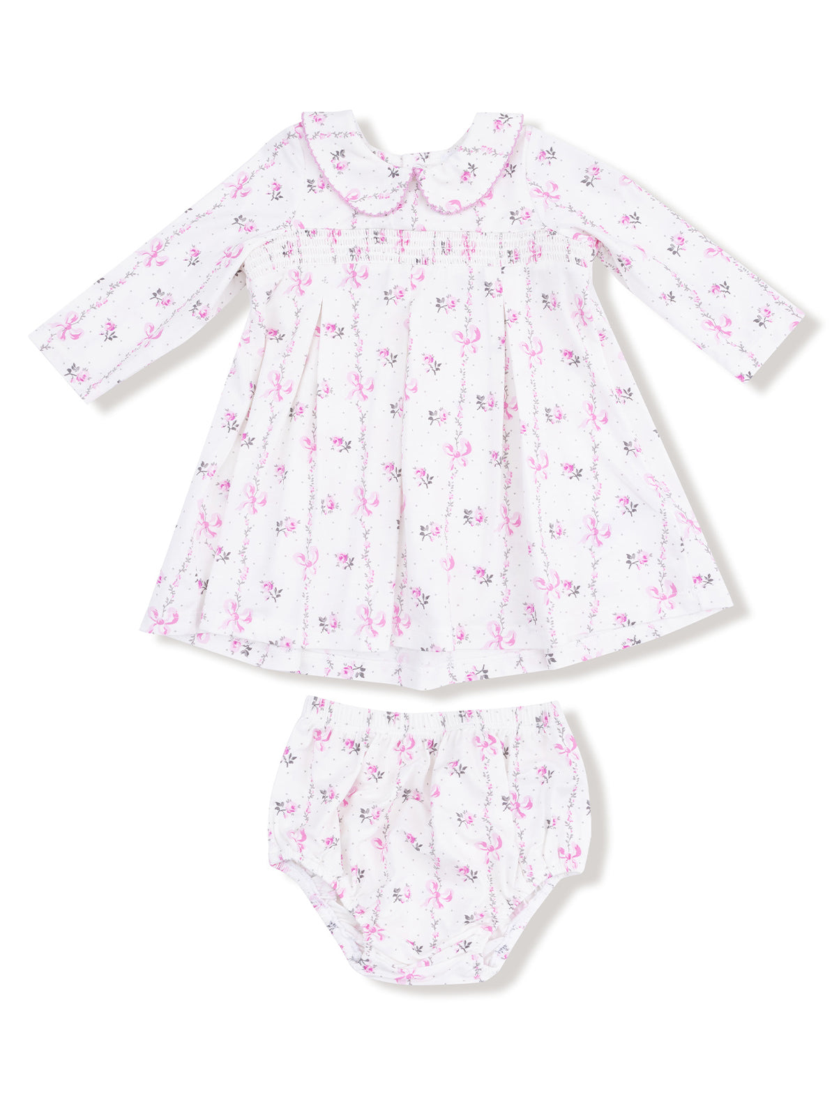 White dress with floral print and matching bloomer, featuring long sleeves and a collar. Perfect for baby girls.