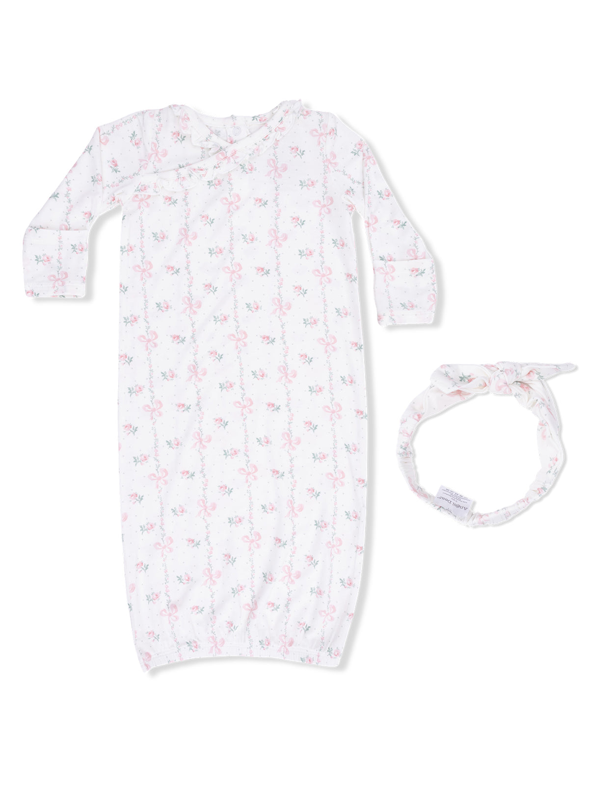 Baby girl’s floral nightgown and matching headband, white with pink roses and bows, suitable for infants.