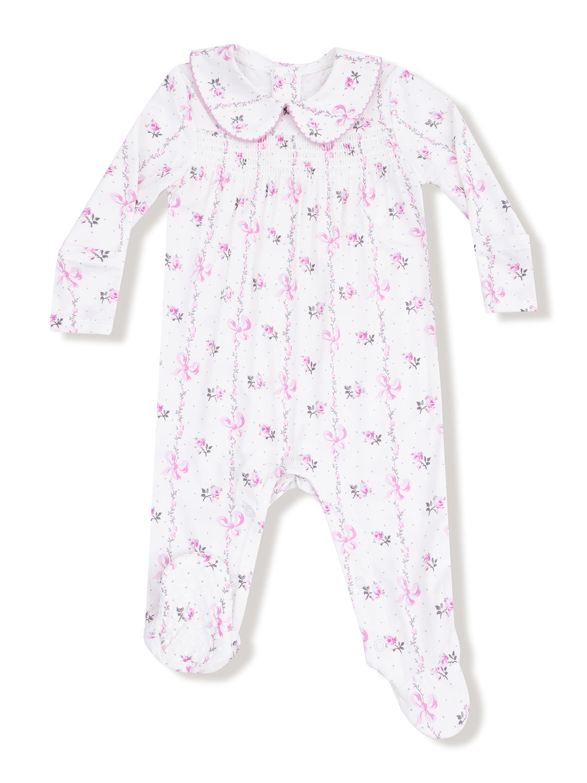 White baby onesie with pink floral pattern and a collar, designed for comfort and style.