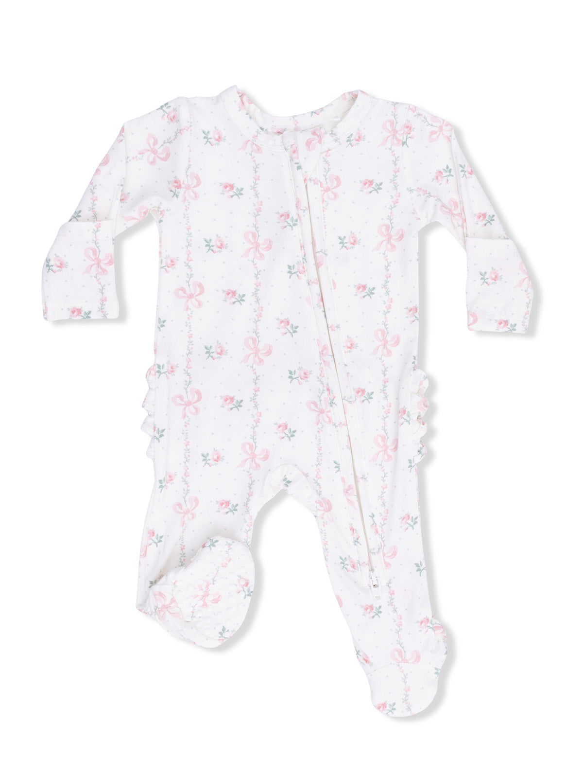 White baby onesie with pink bows and floral print, featuring long sleeves and footed design.