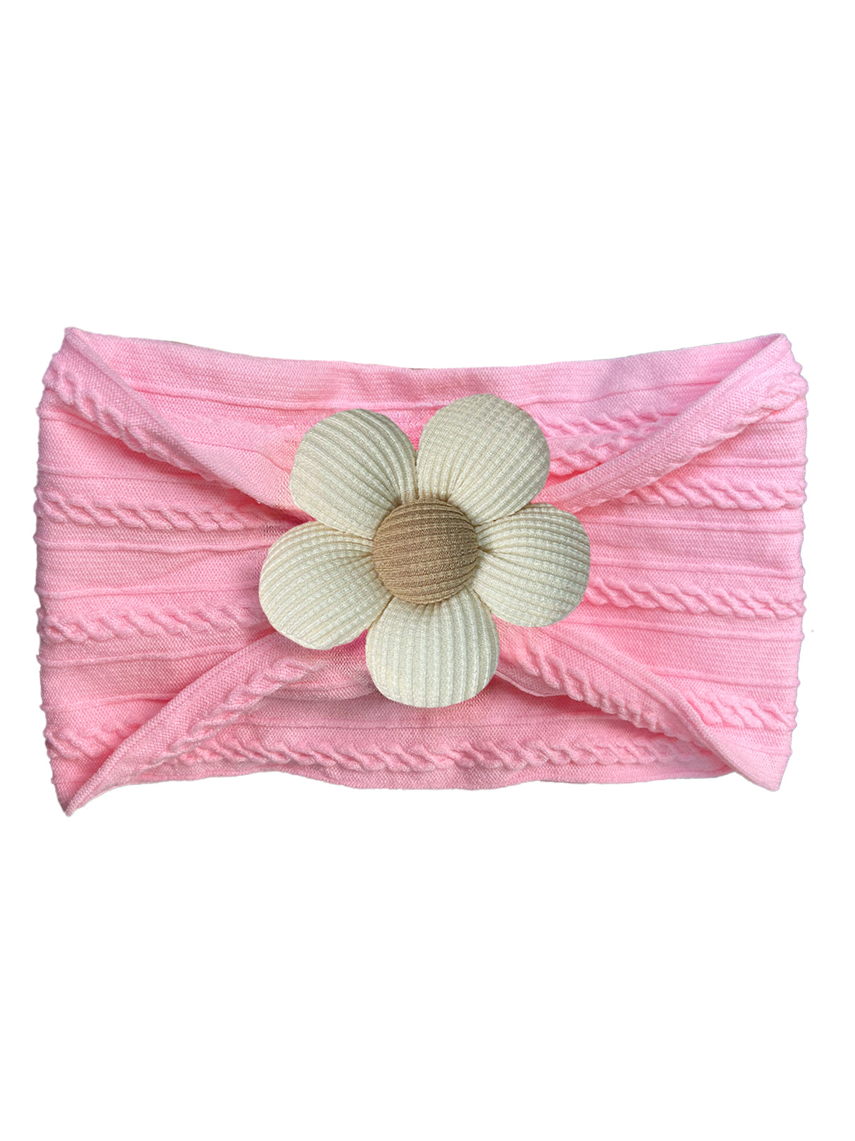 Pink headband with textured fabric and a large white flower embellishment at the center.