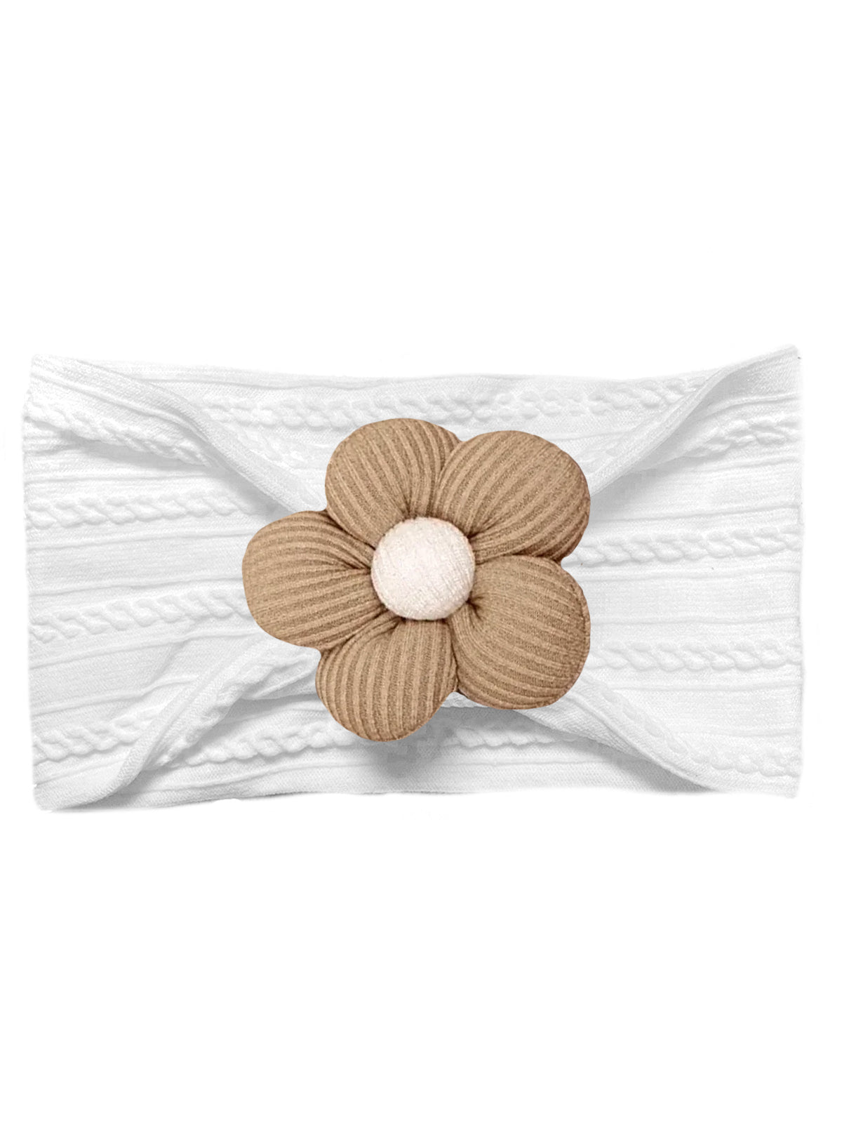White ribbed headband with a large textured beige flower embellishment.
