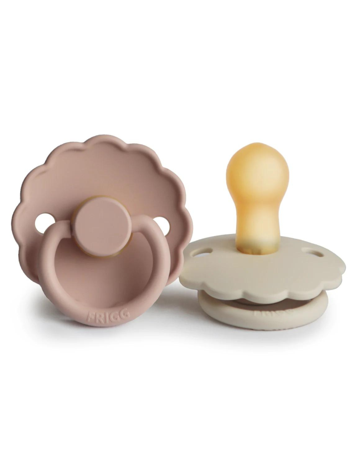 Two colorful silicone pacifiers with flower-shaped bases, one in blush pink and the other in soft cream.