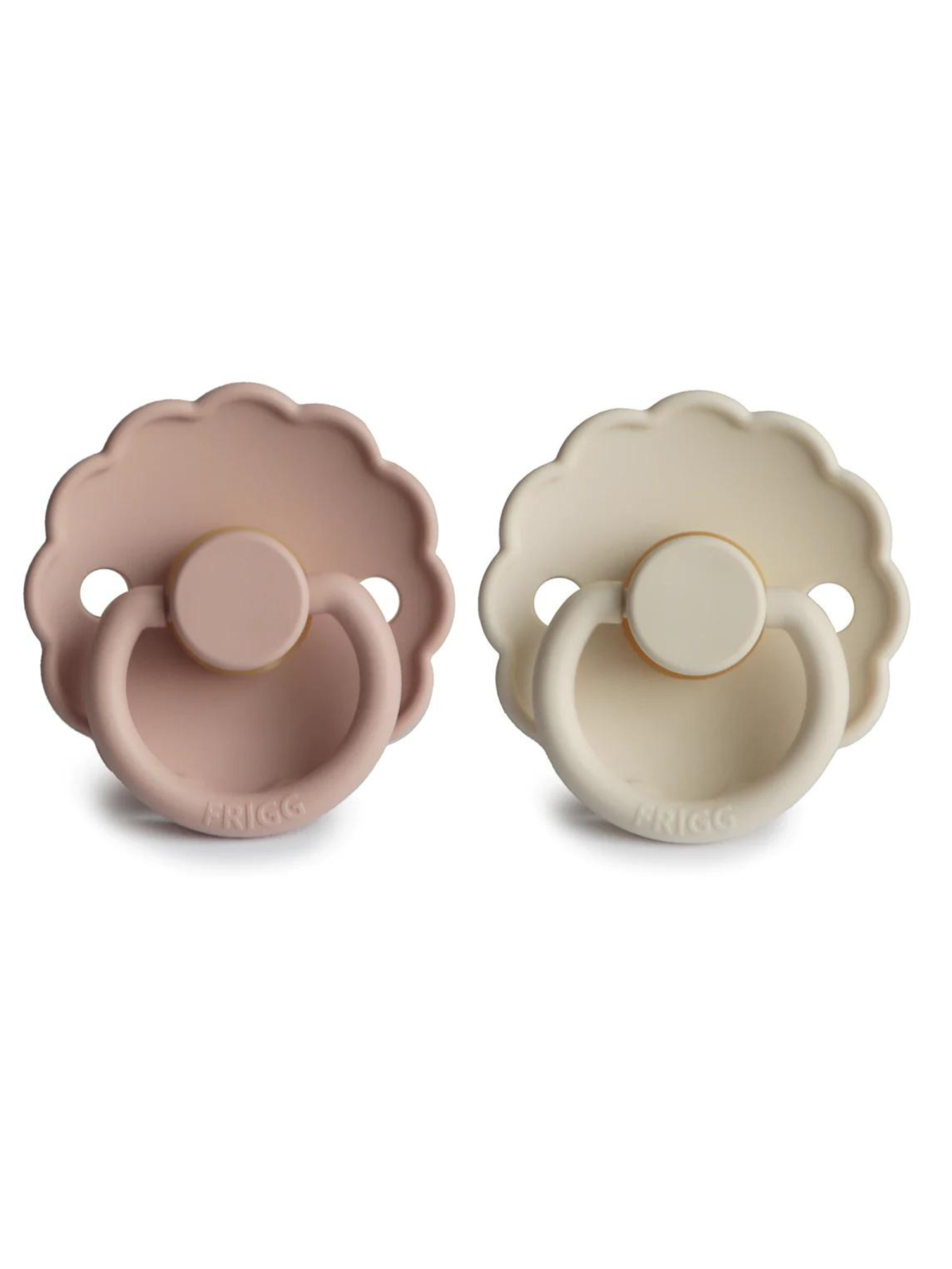Two silicone baby pacifiers in pink and cream colors, featuring a scalloped design and easy-to-grip handle.