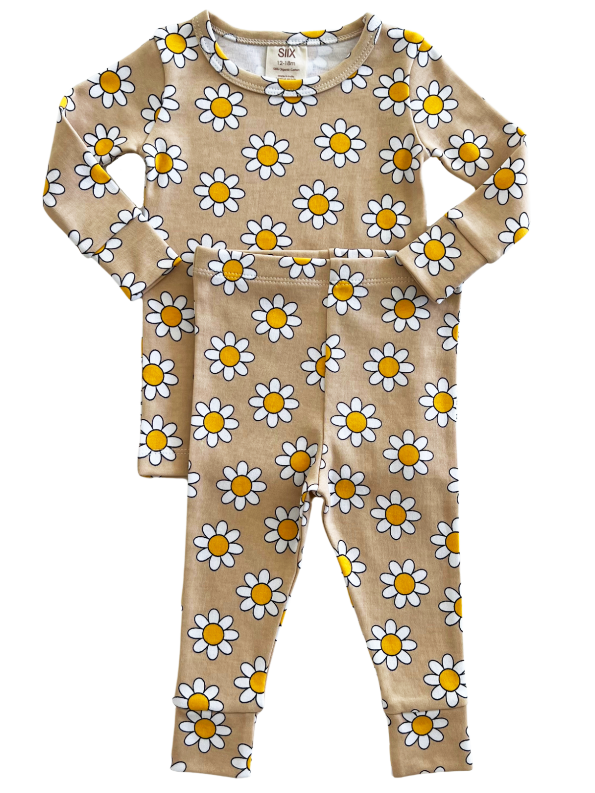 Tan floral pajama set featuring yellow and white daisies, for infants aged 12-18 months.