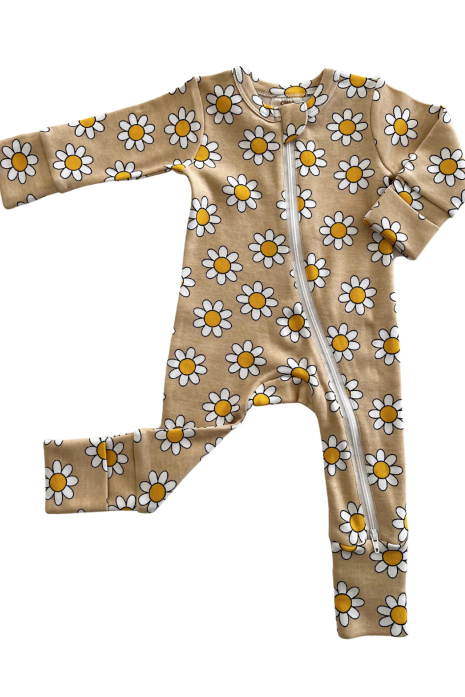 Tan baby onesie with white daisies and yellow centers, featuring a front zip closure and long sleeves.