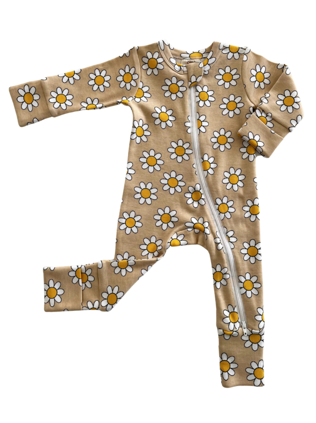 Tan baby onesie with white daisies and yellow centers, featuring a front zip closure and long sleeves.