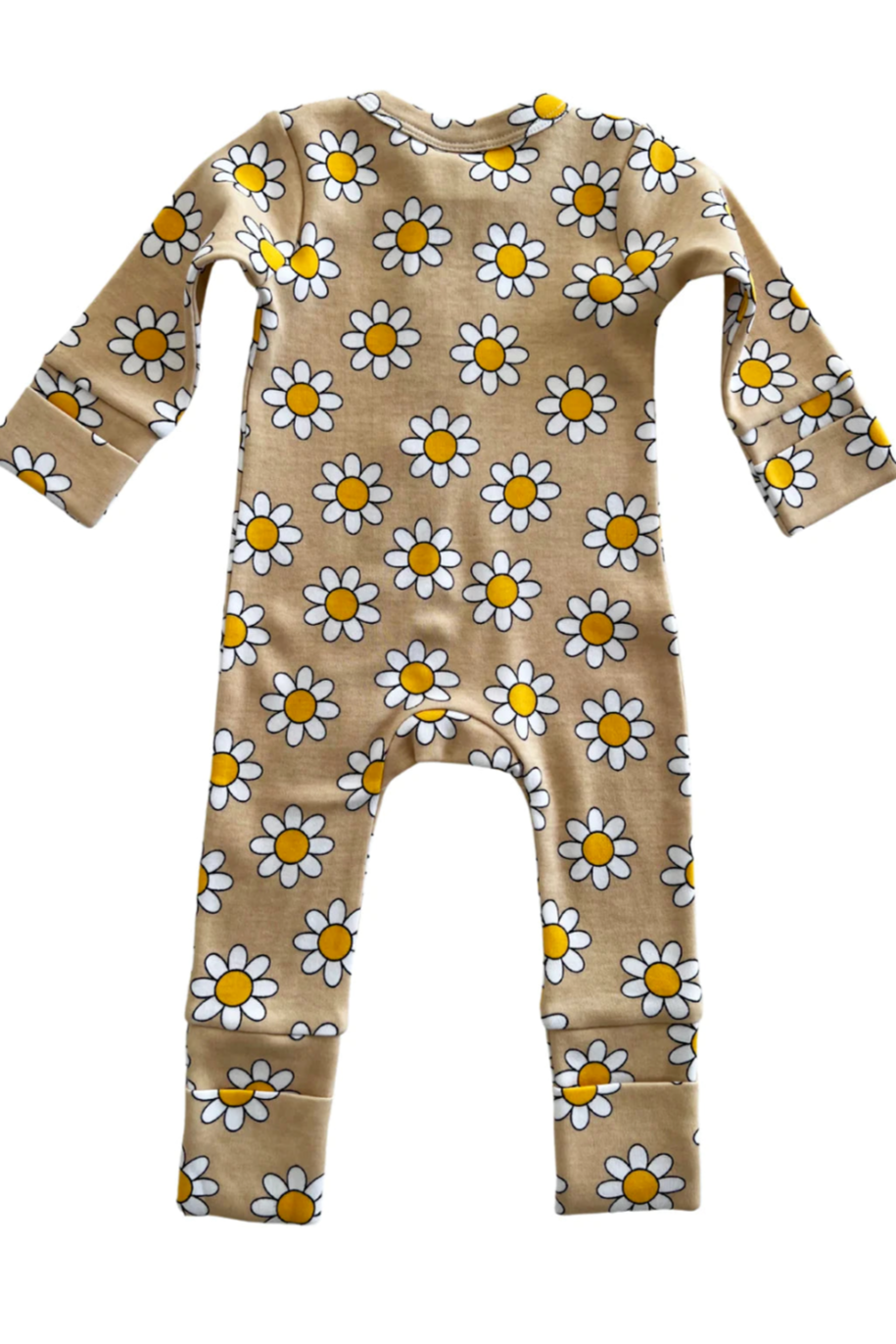 Cream-colored baby romper with yellow and white daisy print, featuring long sleeves and footed design.