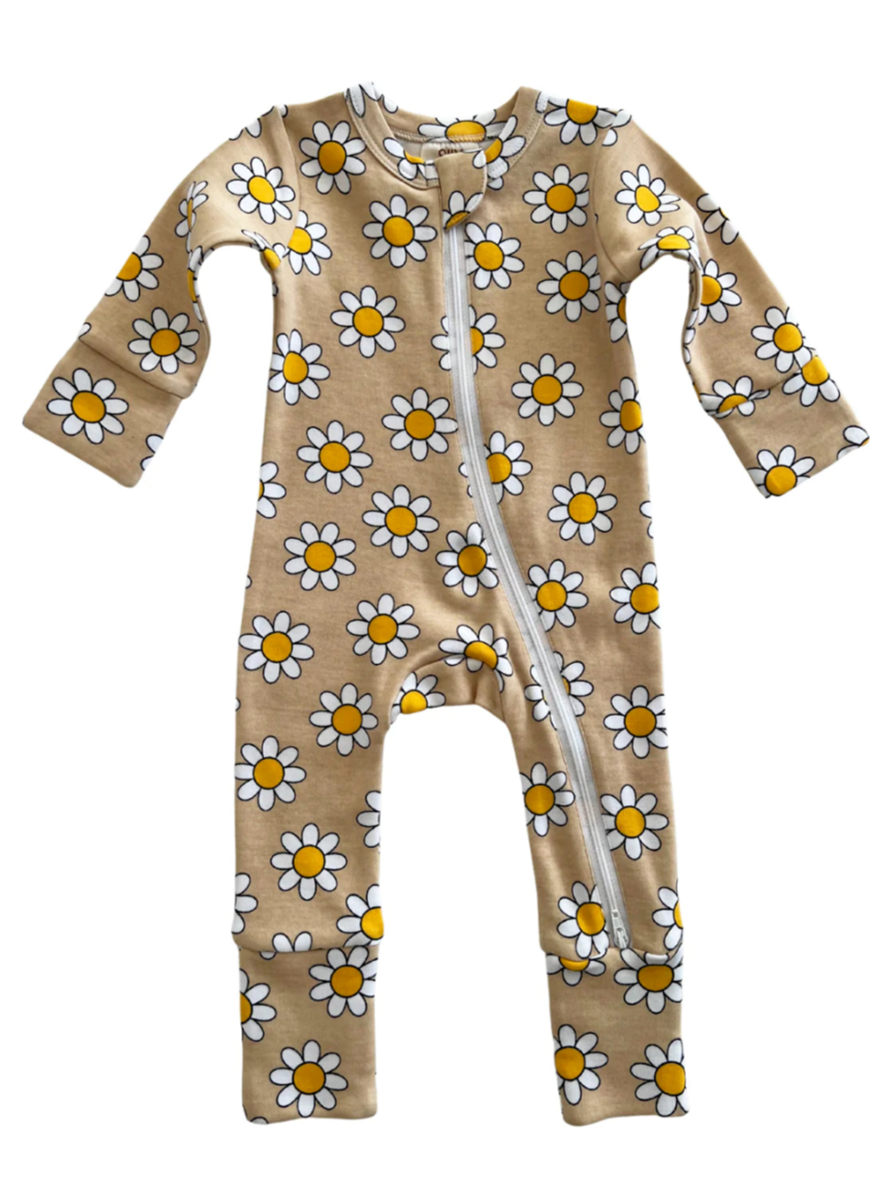 Floral baby onesie with white daisies and yellow centers on a beige background, featuring a front zipper.