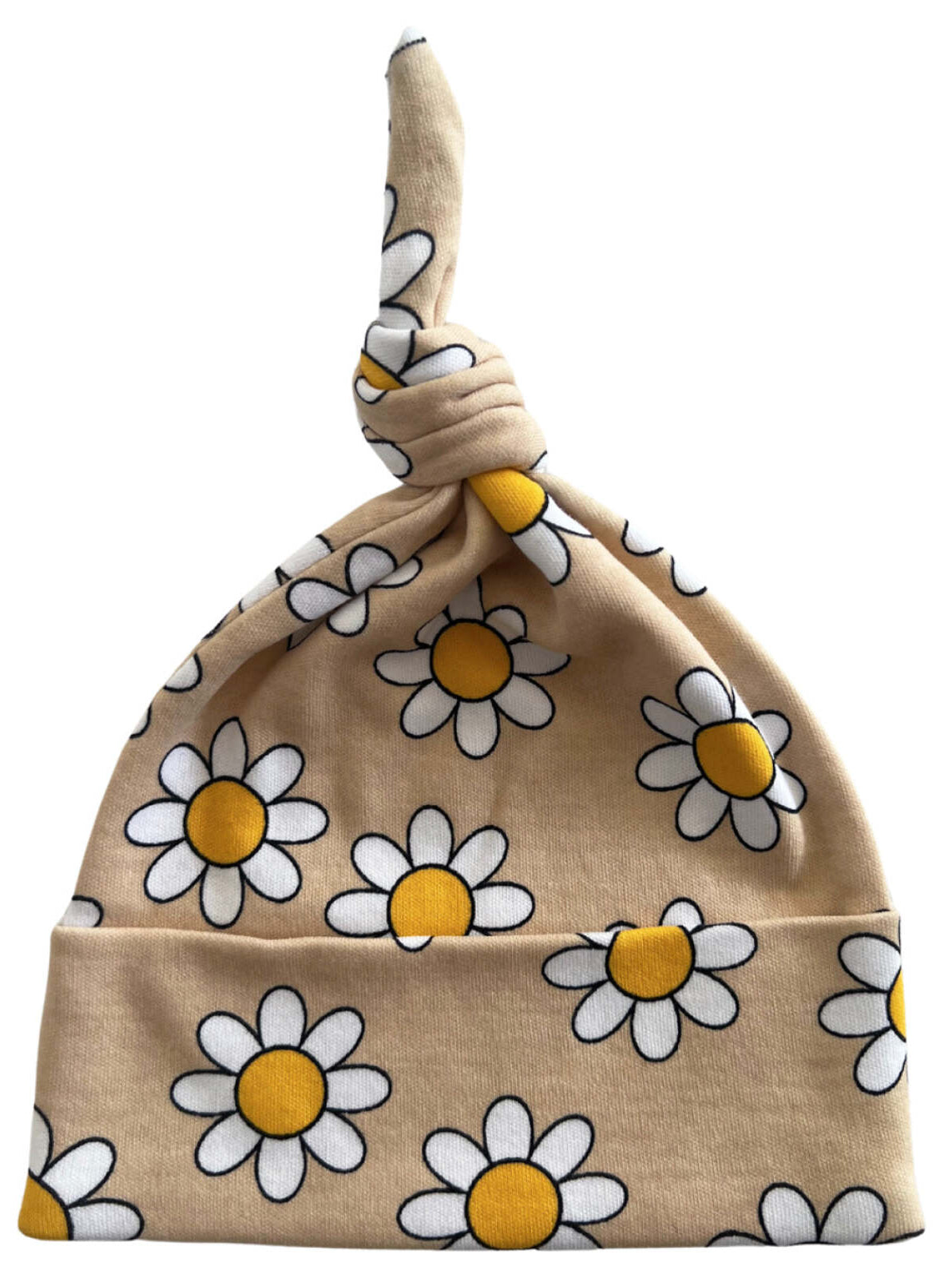 Beige baby hat with a knot, featuring a cheerful daisy print in white and yellow.