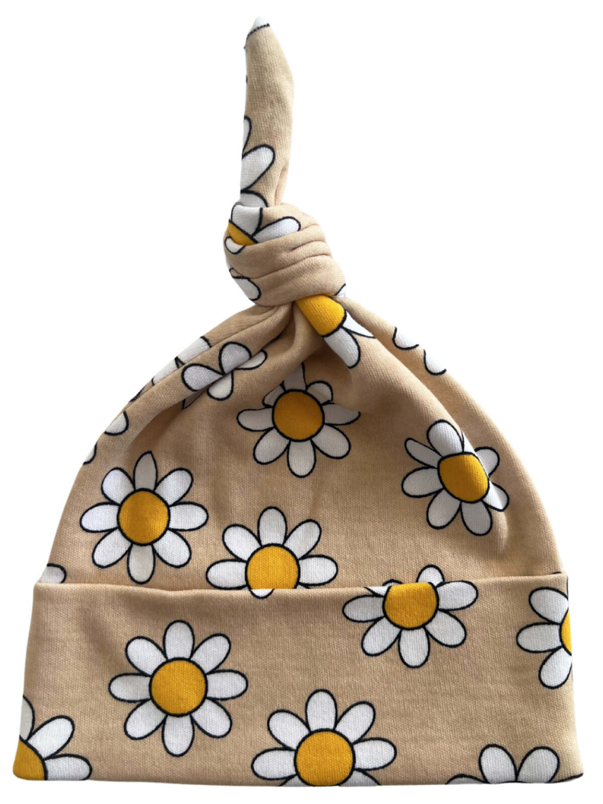 Beige baby hat with a knot, featuring a cheerful daisy print in white and yellow.