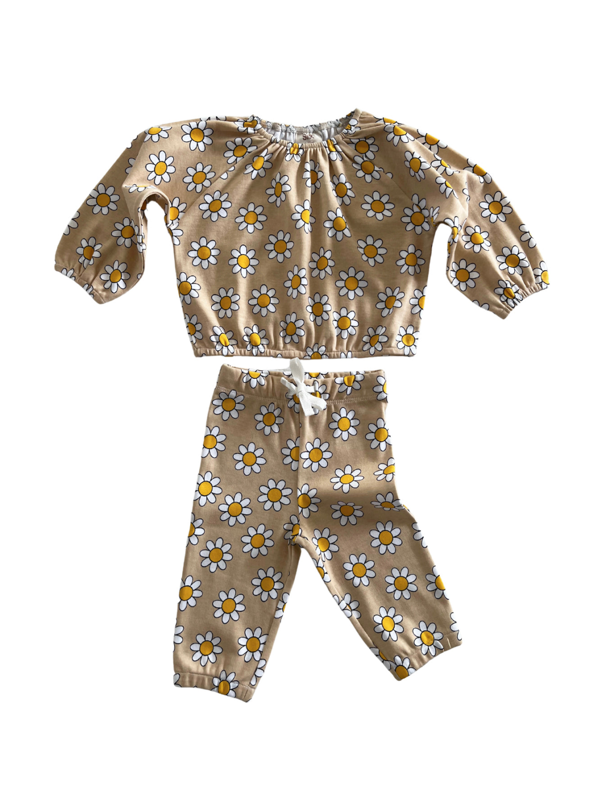 Kids' two-piece outfit featuring a floral print with daisies in yellow and white on a beige background.