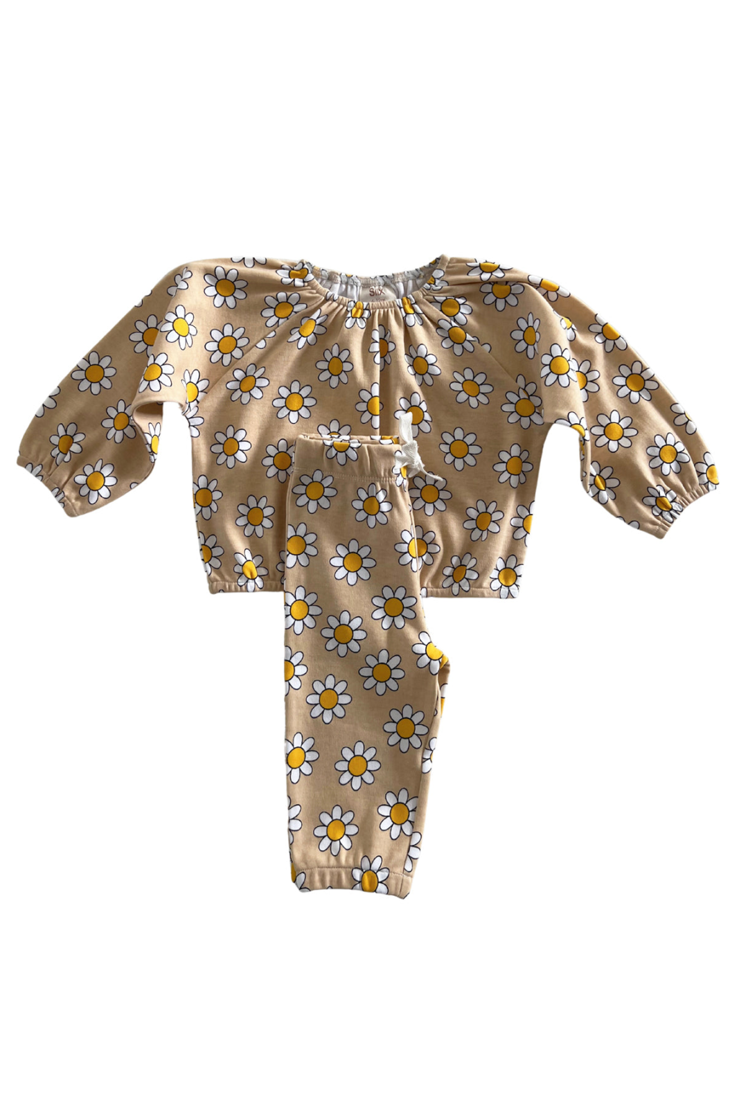 Children's two-piece outfit featuring a floral design with daisies on a beige background.
