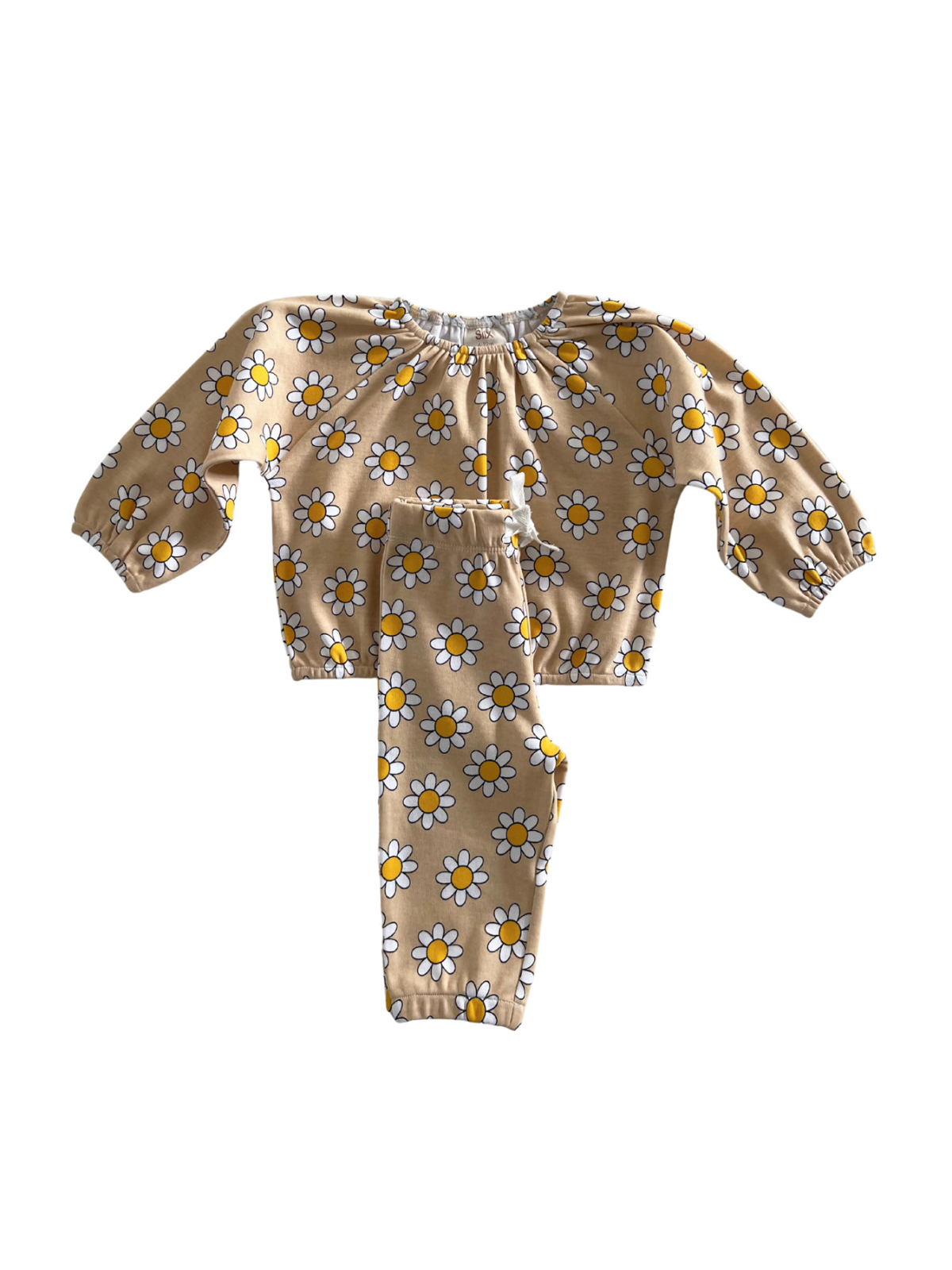 Children's two-piece outfit featuring a floral design with daisies on a beige background.