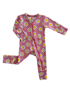 Pink floral baby onesie with daisies, long sleeves, and a front zipper. Perfect for comfortable play and sleep.