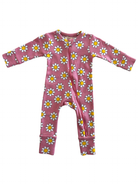 Pink infant onesie with white daisies and yellow centers, featuring a front zipper and long sleeves.