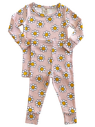 Pink toddler outfit with long sleeves and daisy print, featuring a top and matching leggings.