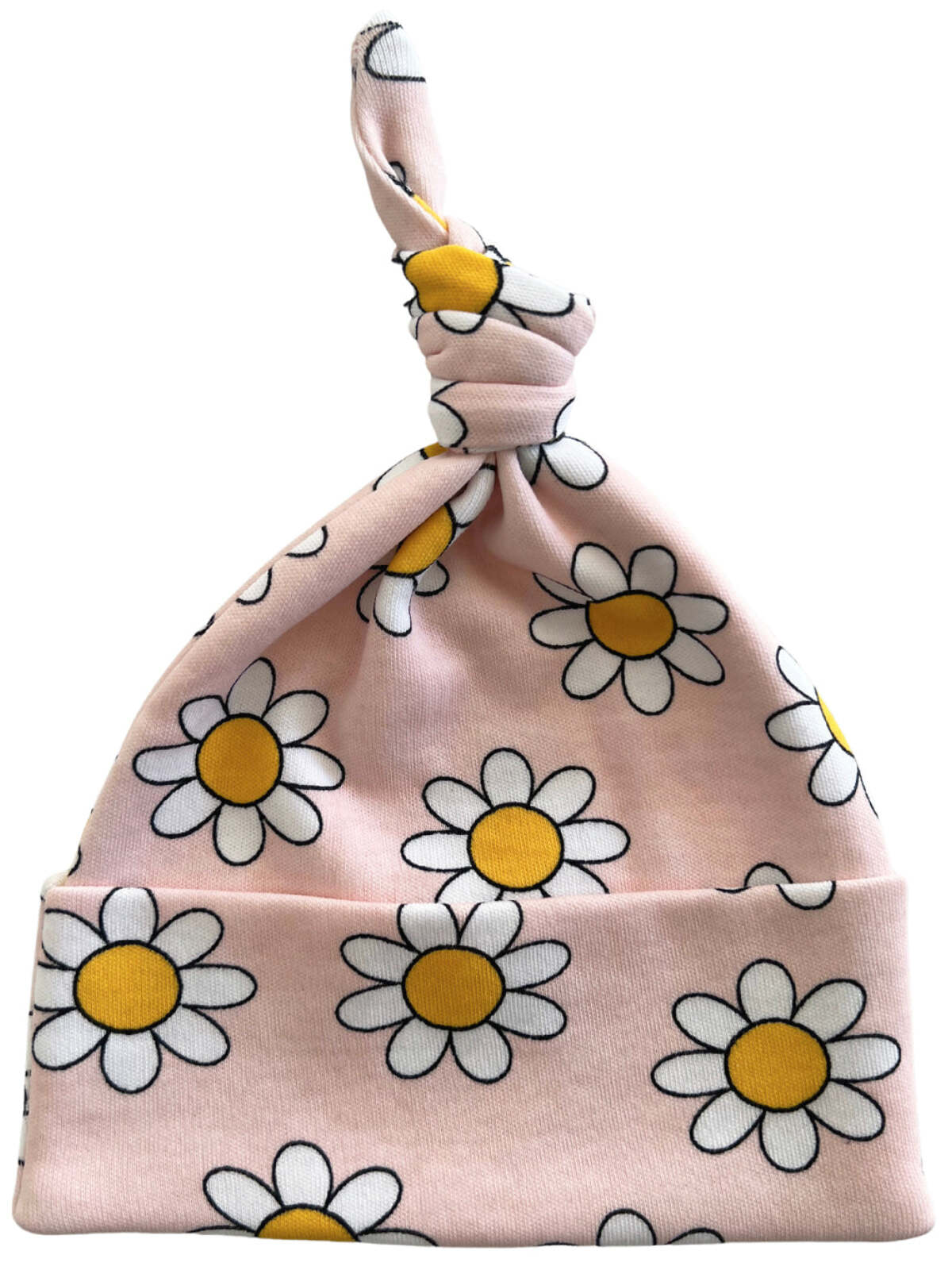 Pink baby beanie with a knot, decorated with white daisies and yellow centers.