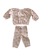 Girls' two-piece outfit featuring a pink floral top and matching pants with daisy print.