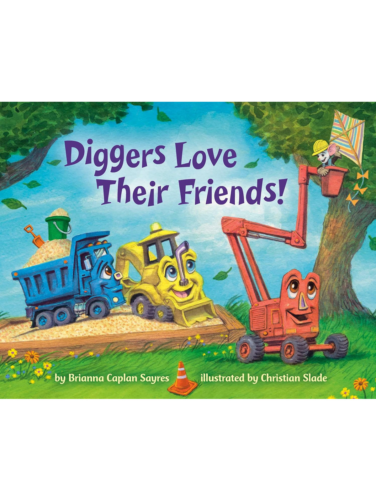 Colorful illustration of construction vehicles enjoying friendship, titled "Diggers Love Their Friends!"