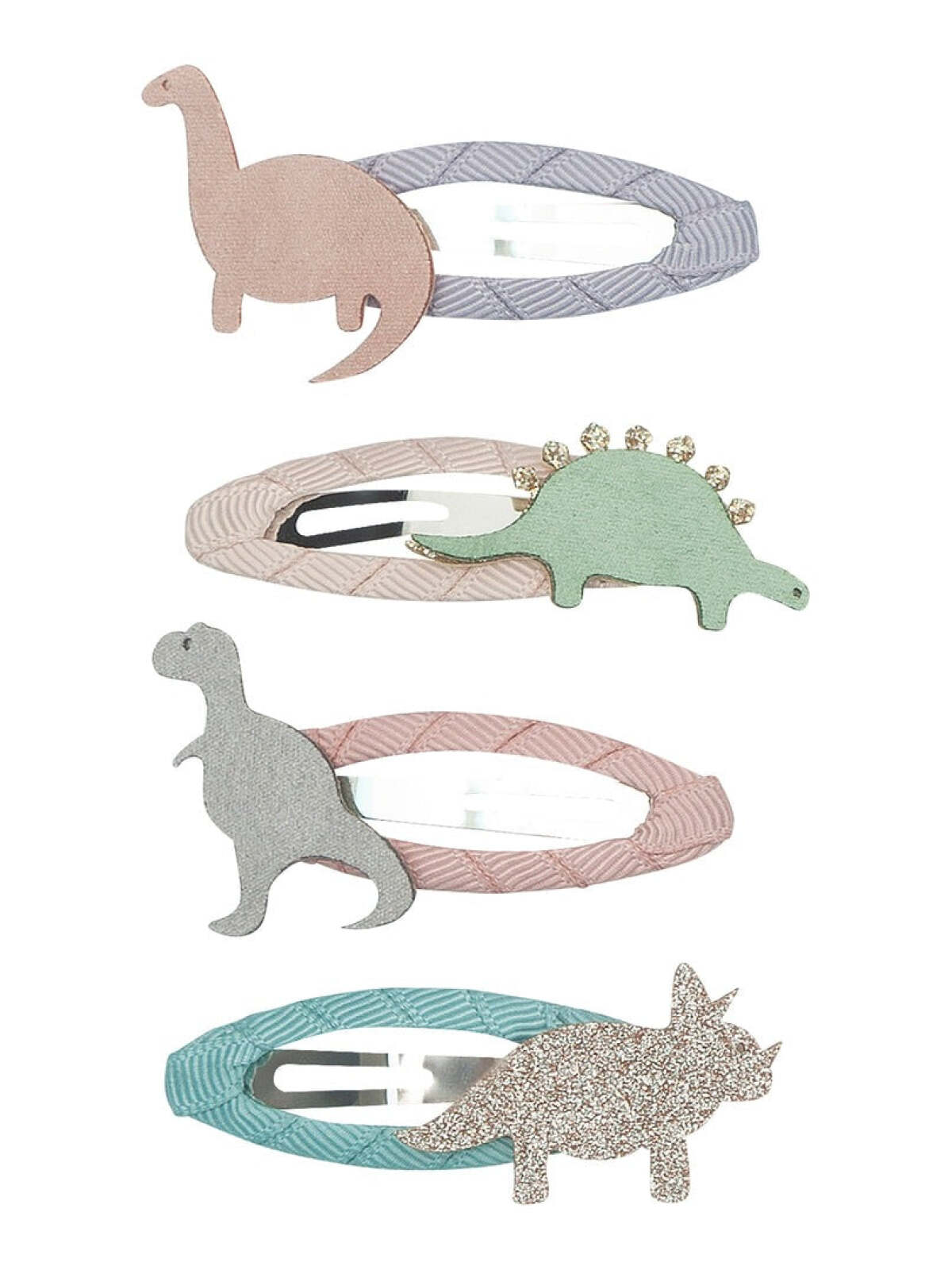 Four colorful dinosaur hair clips: brontosaurus, stegosaurus, T-rex, and triceratops in pastel shades and designs.