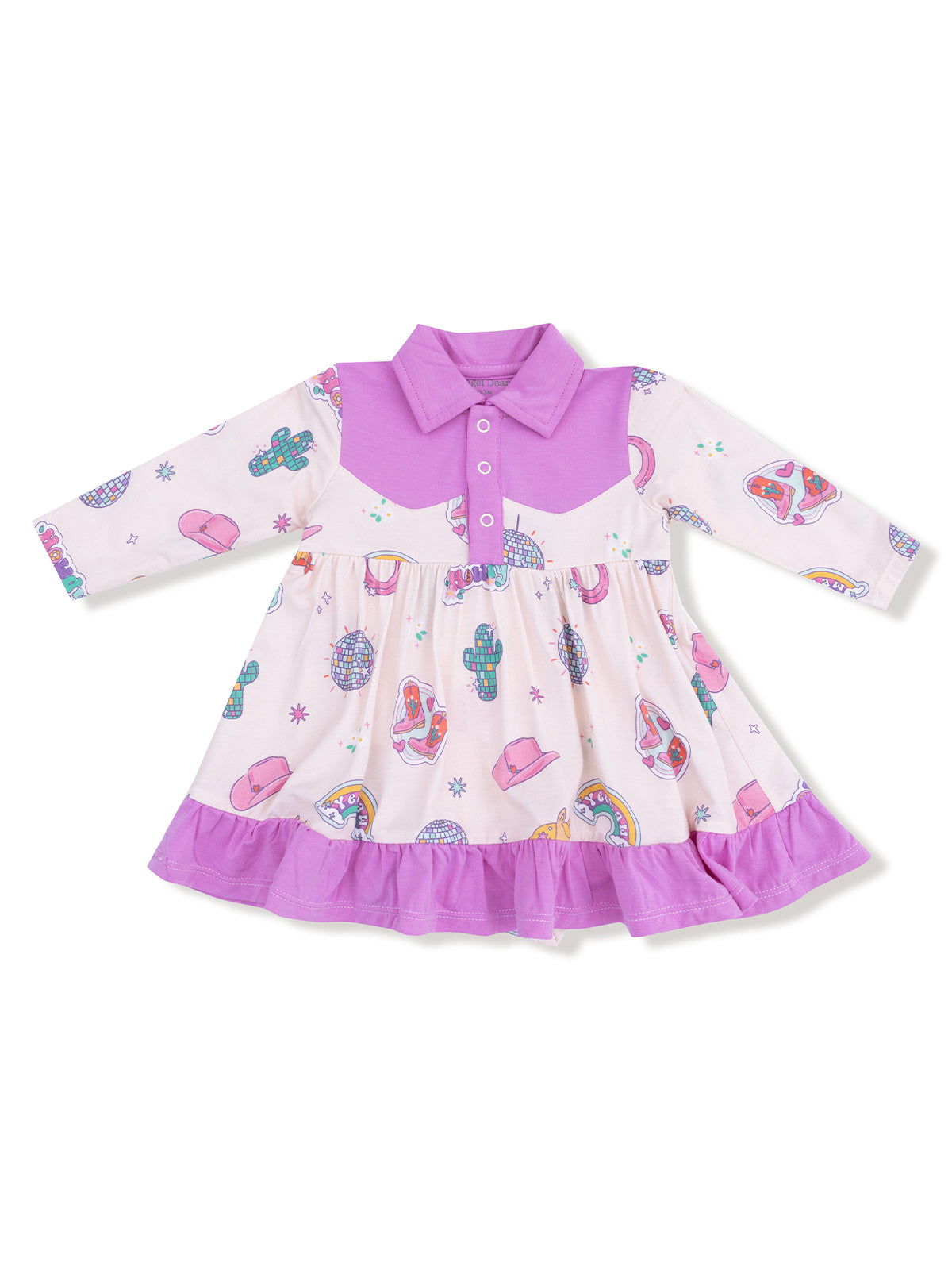 Purple-collared girls' dress featuring playful cactus, hat, and rainbow prints on a light pink background.