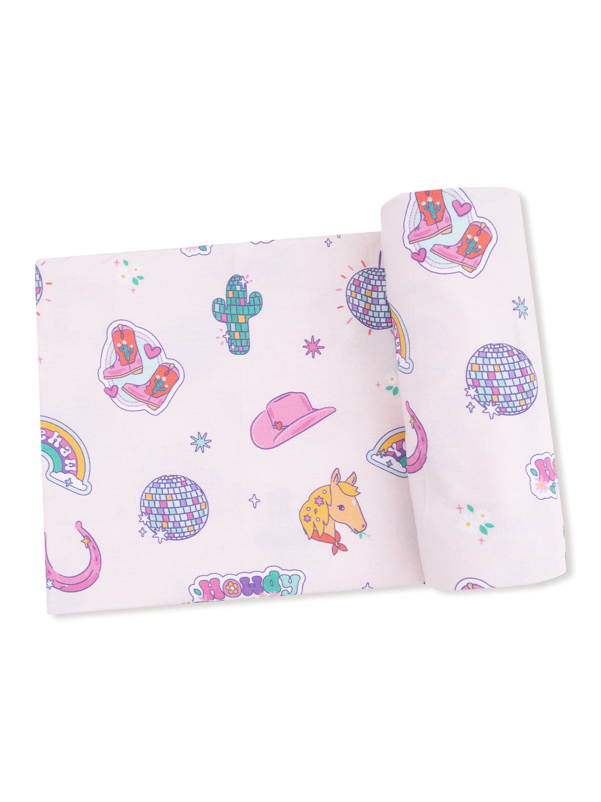 Pink fabric with colorful cartoon stickers, including cacti, disco balls, hats, and whimsical designs.