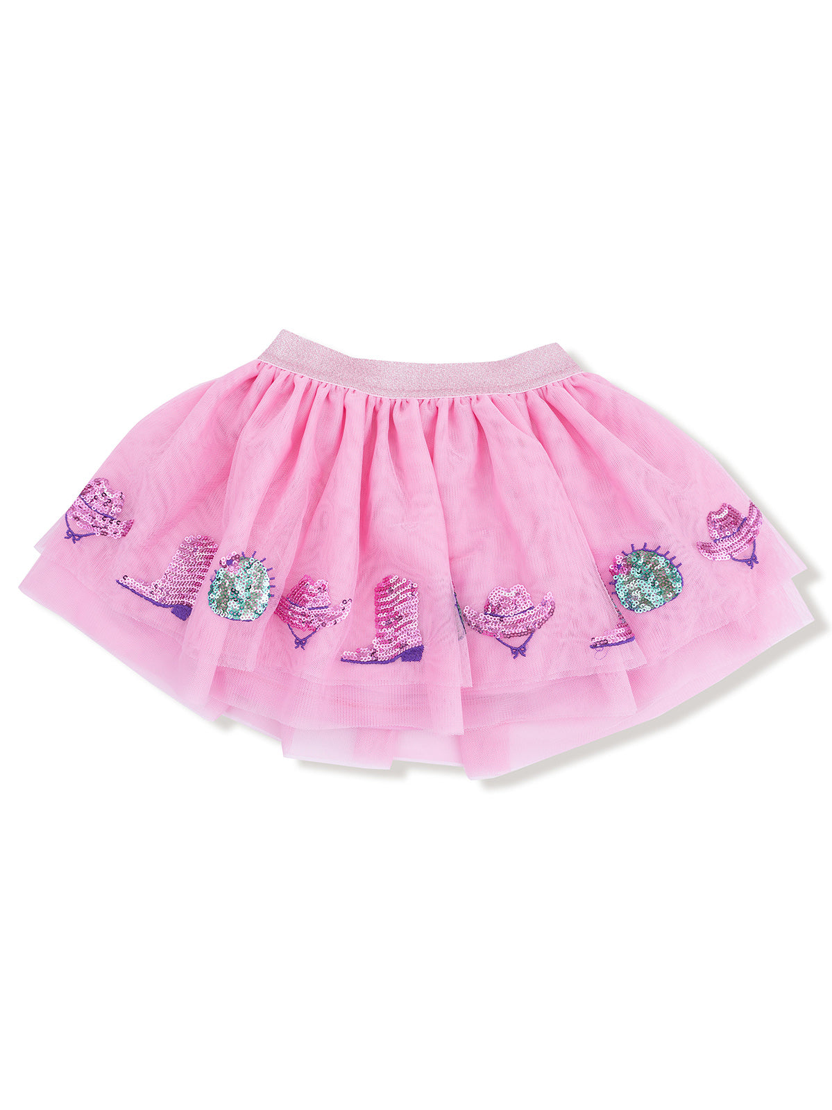 Pink tulle skirt with colorful cowboy boot and embellishment designs, featuring a soft elastic waistband.