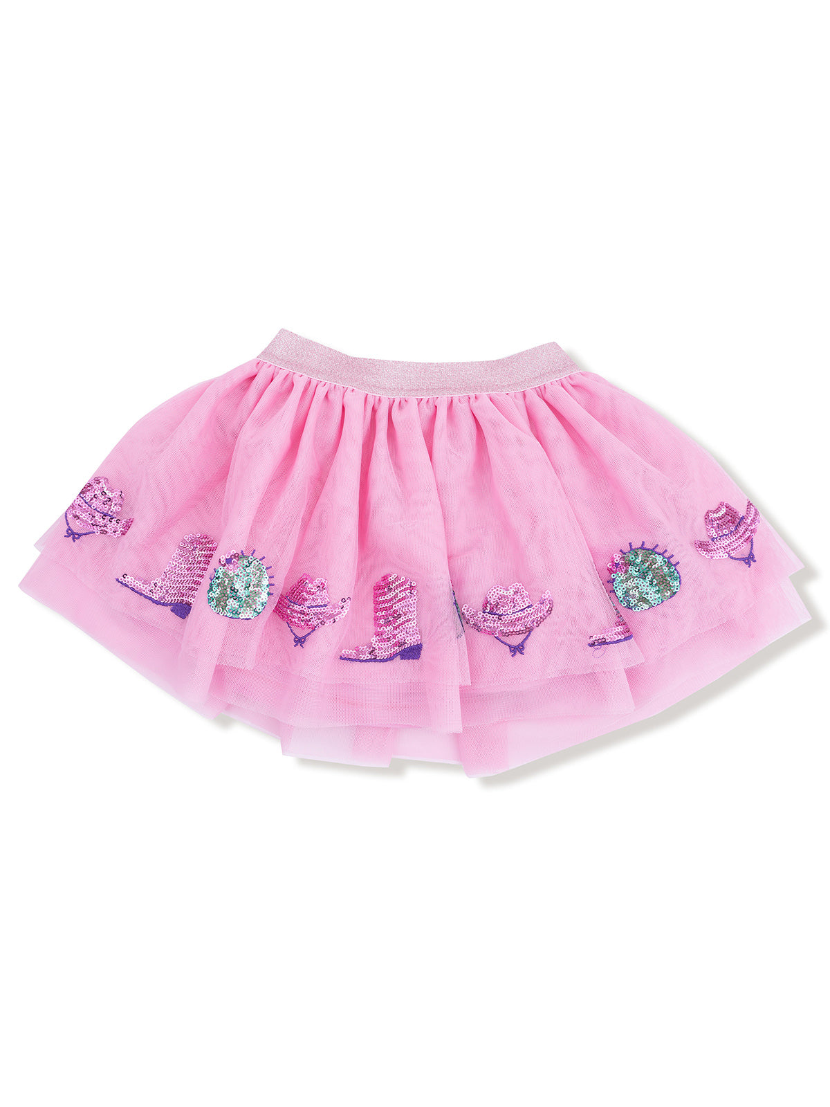Pink tulle skirt with colorful cowboy boot and embellishment designs, featuring a soft elastic waistband.