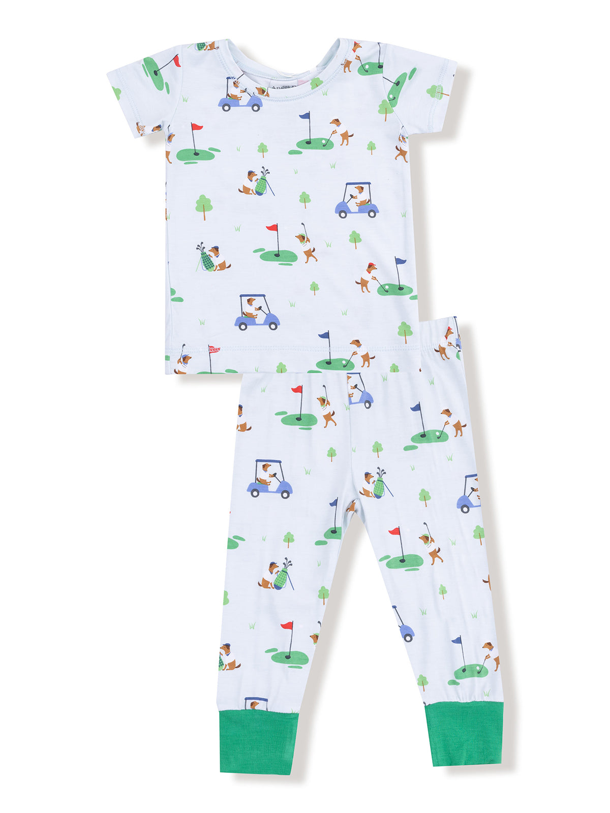Children's golf-themed pajamas featuring playful dogs and green accents. Perfect for cozy nights!