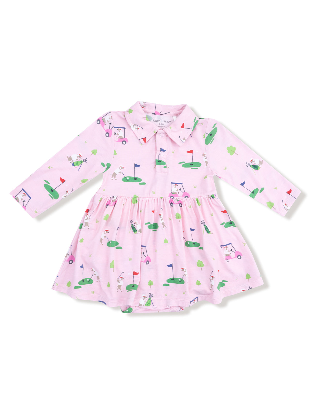 Pink dress with long sleeves, featuring playful golf-themed patterns and a collared neckline. Perfect for little golfers.