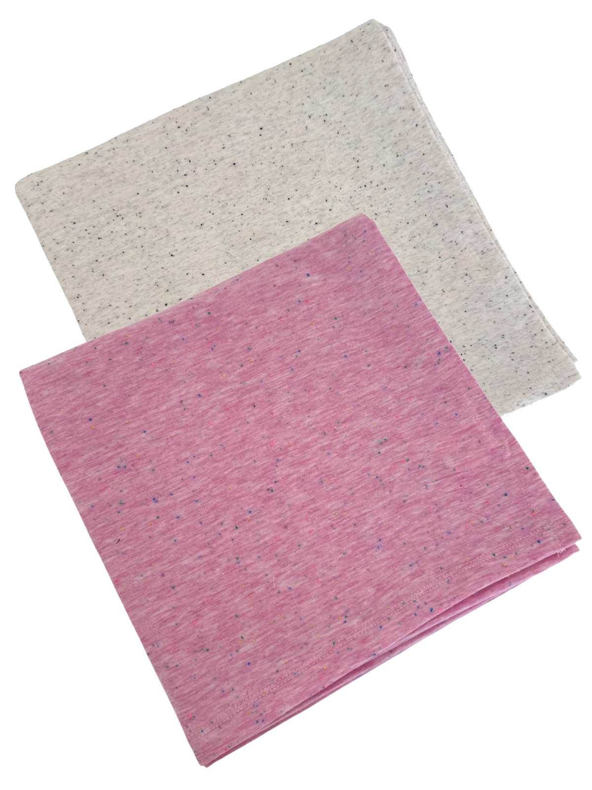 Two folded fabric pieces, one pink with specks and one light gray with specks, displayed on a white background.
