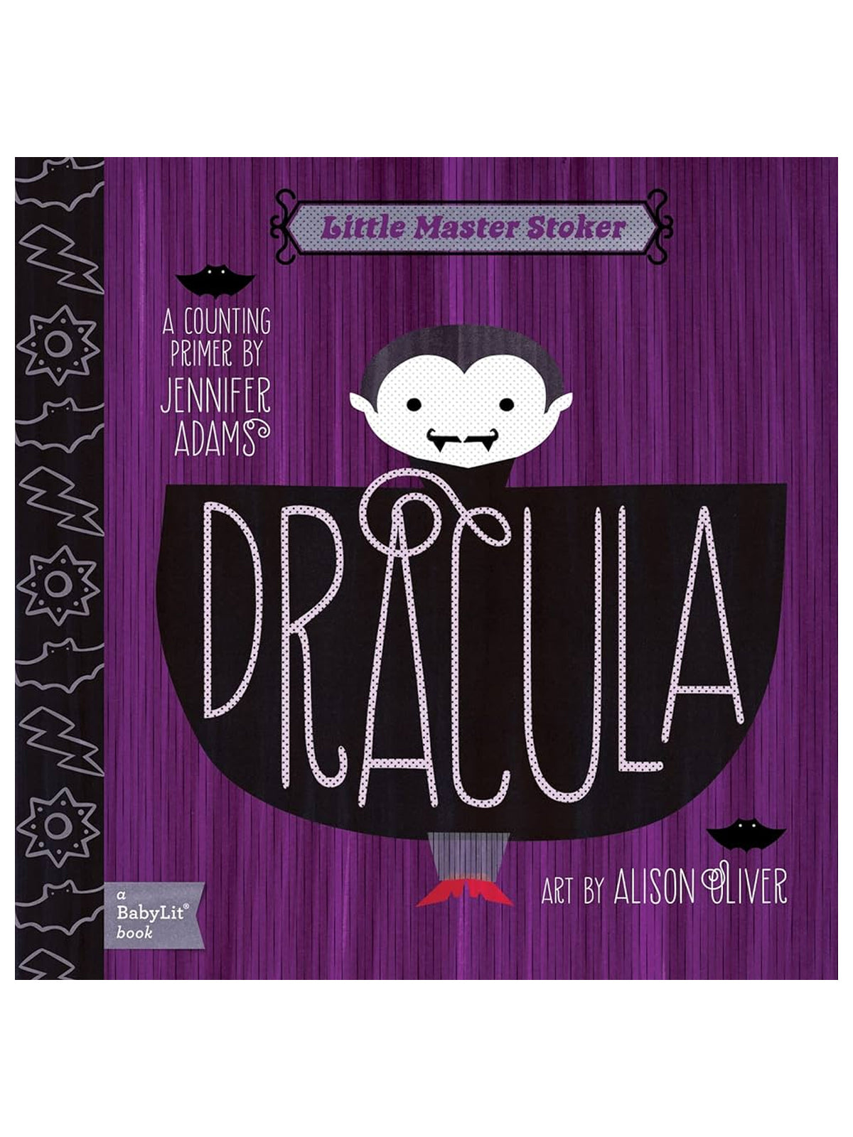 Cover of "Dracula: A Counting Primer" by Jennifer Adams, featuring a cartoon vampire character on a purple background.