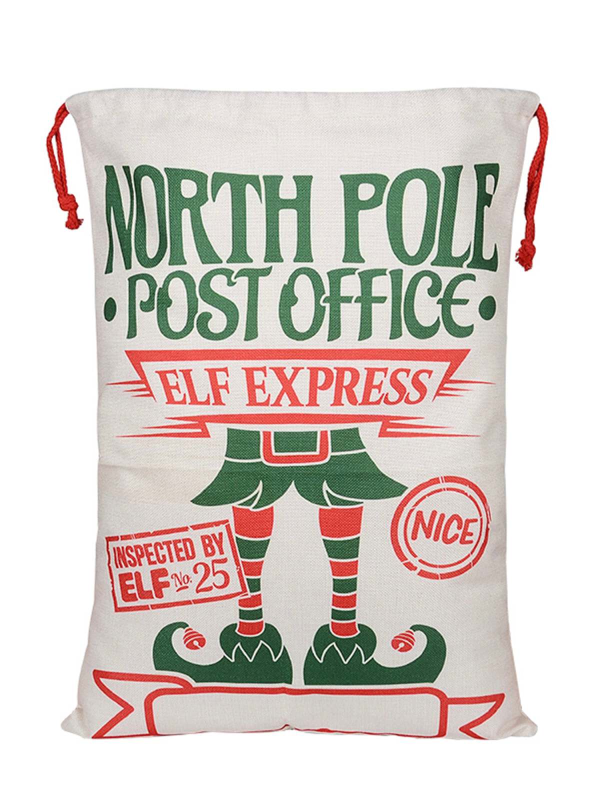 "North Pole Post Office sack with festive elf design, labeled 'Elf Express' and marked 'Inspected by Elf No. 25.'"