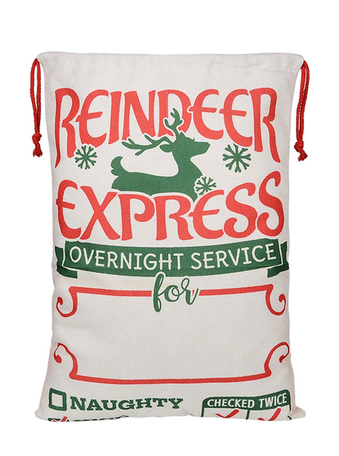White bag with red and green text reading "Reindeer Express Overnight Service" and checkbox options for "Naughty" and "Checked Twice."